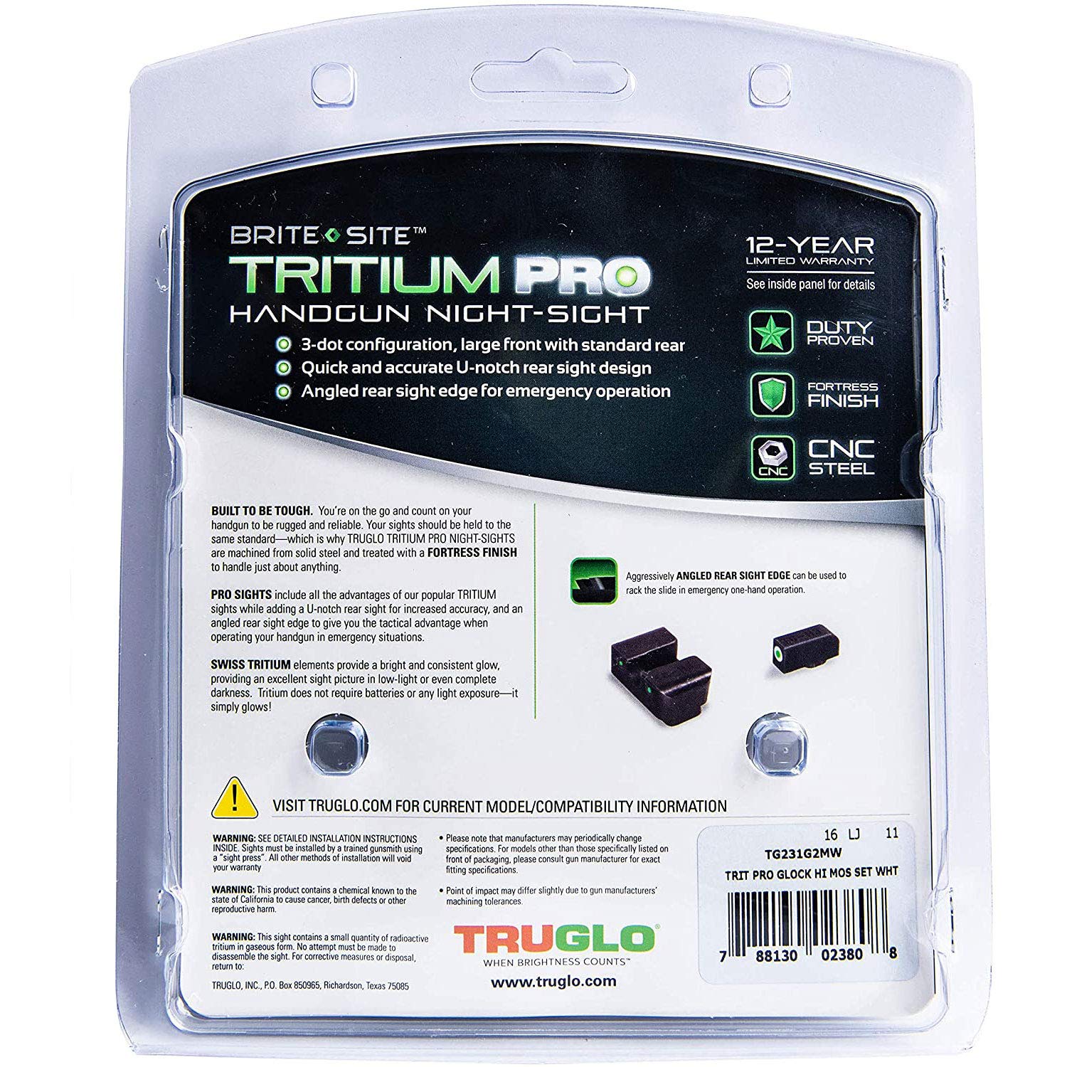 Tritium Pro Sight Set for Glock MOS High TRUGLO Green with White Front Dot Outline