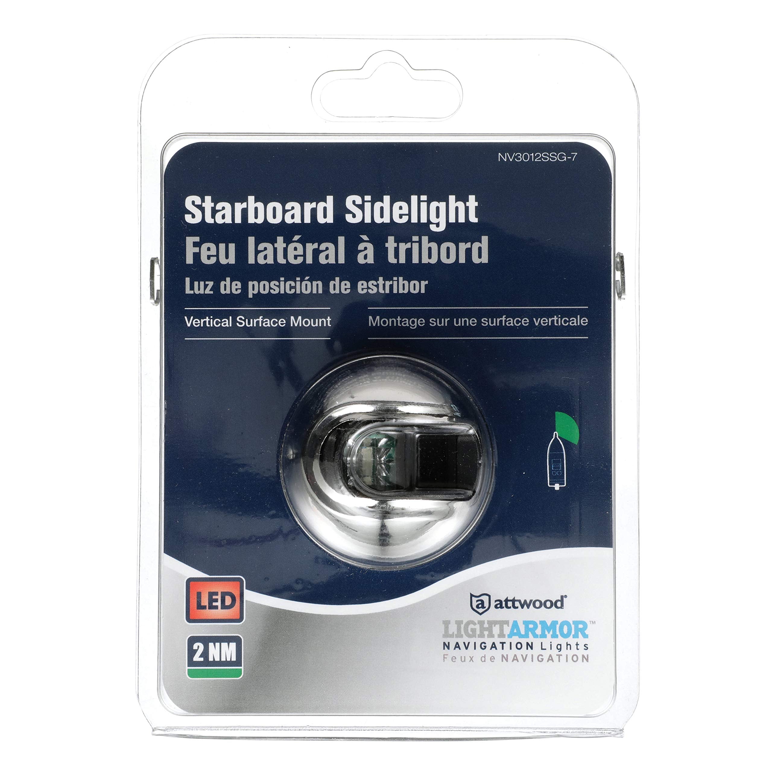 LightArmor™ Attwood NV3012SSG-7 2-Mile Vertical Surface Mount Navigation Light, Green LED Lighting, Round Stainless Housing