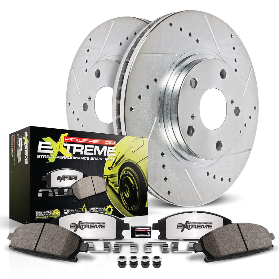 Brake Kit Power Stop For 2005-2021 Chrysler 300 300C | 2006-2022 Charger | 2009-2022 Challenger [Application Specific] Rear Z26 Carbon Fiber Brake Pads Drilled and Slotted Brake Rotors Kit K1720-26
