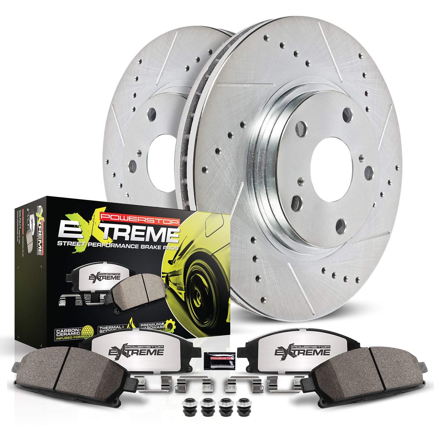 Power Stop K6657-26 Z26 Carbon Fiber Brake Pads Rear with Drilled & Slotted Brake Rotors Kit and 1 Rear Sensor Wire