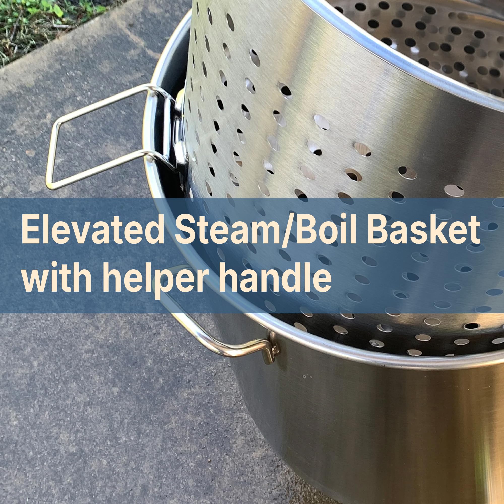 KDS-982 Bayou Classic Stainless Steel Steamer Kit Features 82-qt Stockpot with Lid, Steam Basket with Helper Handle, Single Jet 106,000 BTU Burner, 10-psi Pre-Set Regulator and 60-in Hose