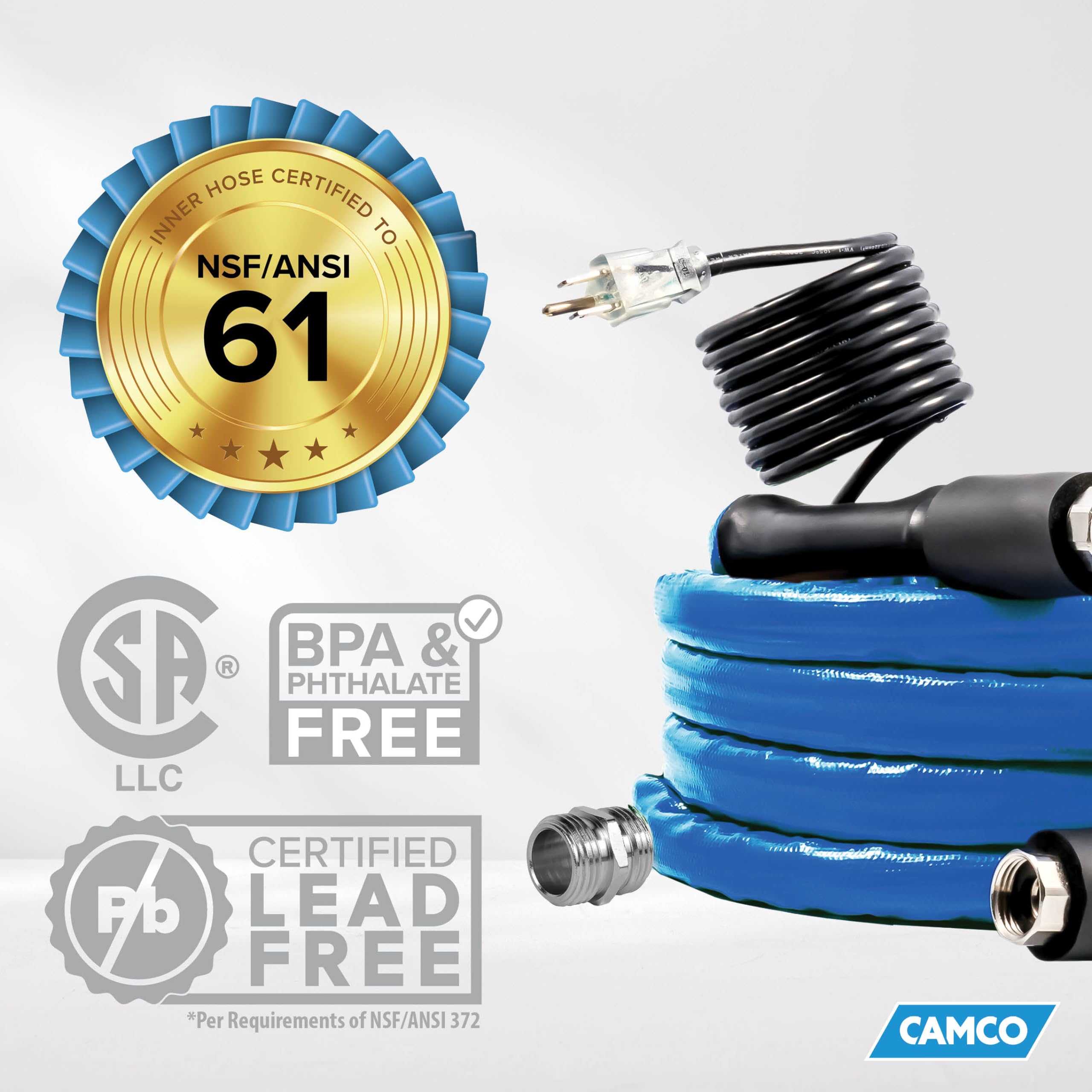 12-Ft Camco Heated Water Hose for RV - Water Line Freeze Protection Down to -20°F/-28°C - Features Energy-Saving Thermostat & Includes Adapter for Connection to Either End of Hose (22910)