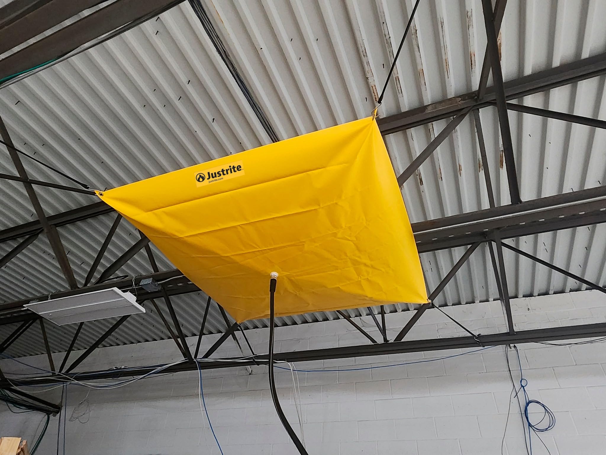 Justrite Leak Diverter Ceiling Tarp with Hose Connection and Corner Grommets, 7' x 7' Puncture-Resistant and Watertight PVC-Coated Fabric, for Temporary Leak Fix, Made in The USA, Yellow, 28304