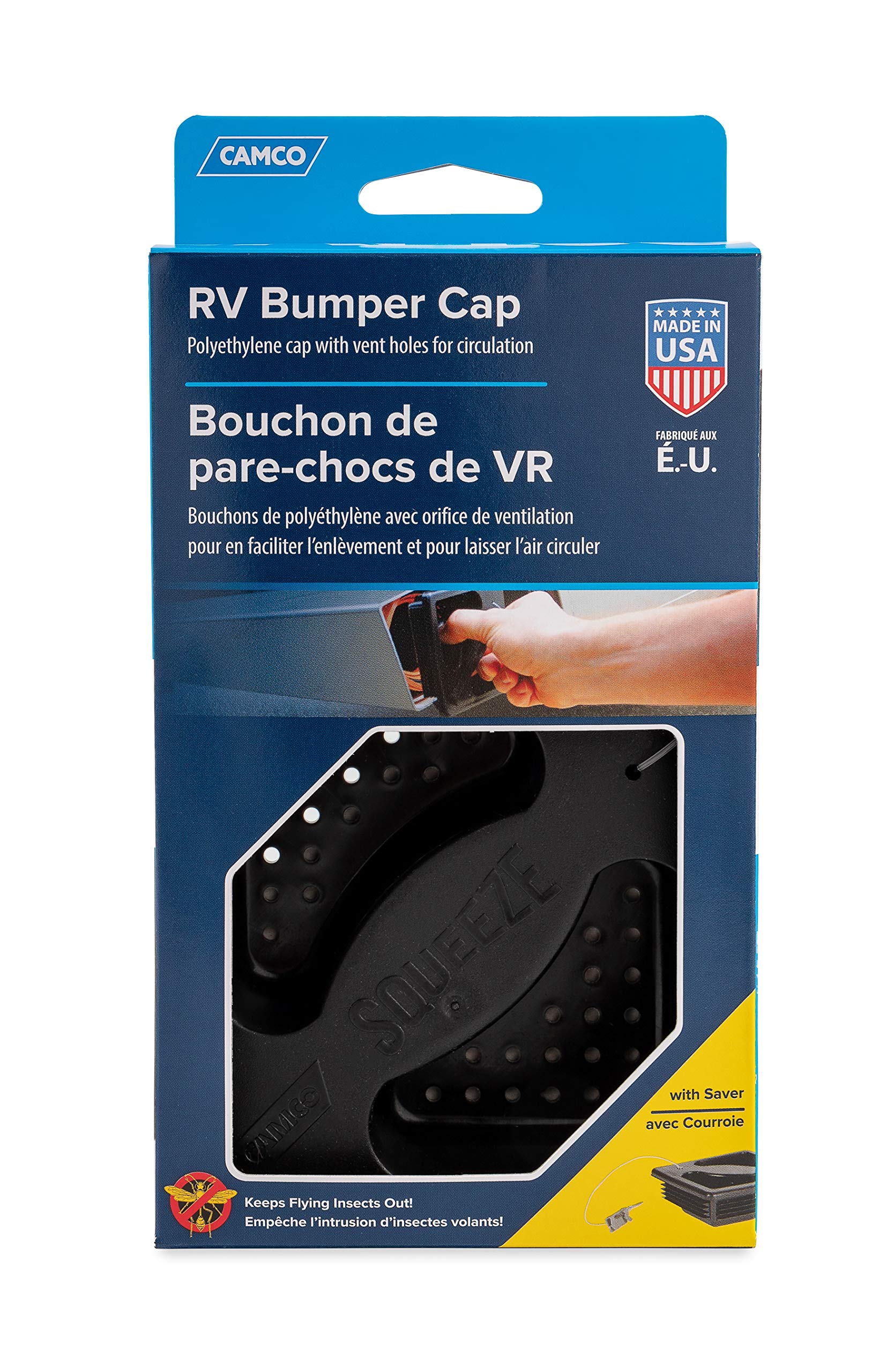 Camco Bumper Cap No Insect with Saver | Features Small Holes to Increase Airflow and Block Insects | Easy Installation and Removal | Fits Standard RV 4-inch Square Bumpers | Black (40324)