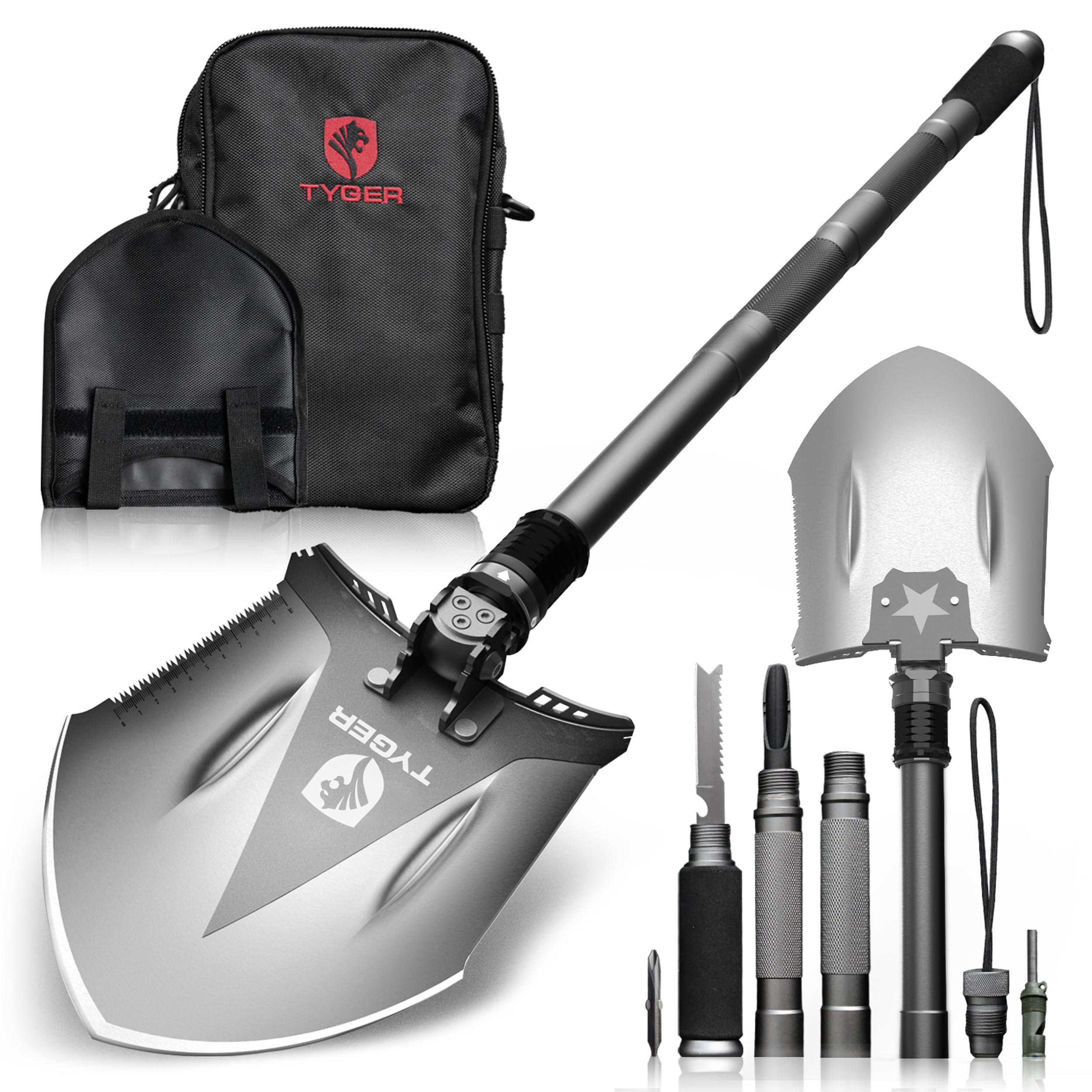 Tyger Auto Folding Shovel Military Heavy Duty TG-SV8U3217 Survival Shovel 16-in-1 Multitool Compact Camp Shovel with Bag for Camping, Hiking, Off-Roading, Outdoor, Tactical, Emergency
