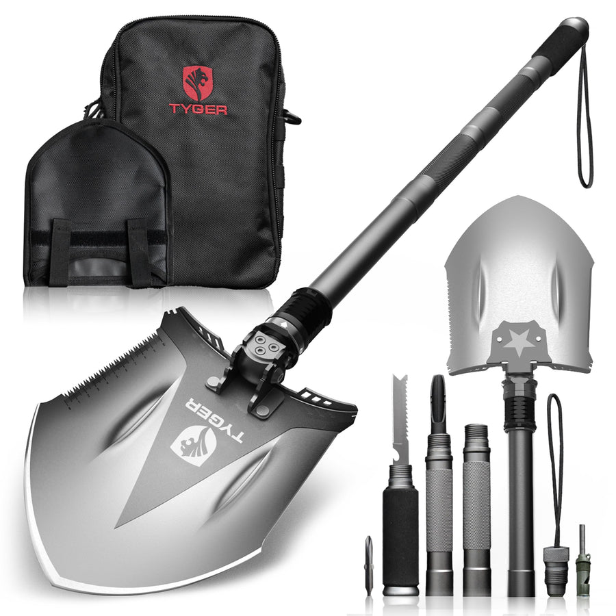 Tyger Auto Folding Shovel Military Heavy Duty TG-SV8U3217 Survival Shovel 16-in-1 Multitool Compact Camp Shovel with Bag for Camping, Hiking, Off-Roading, Outdoor, Tactical, Emergency