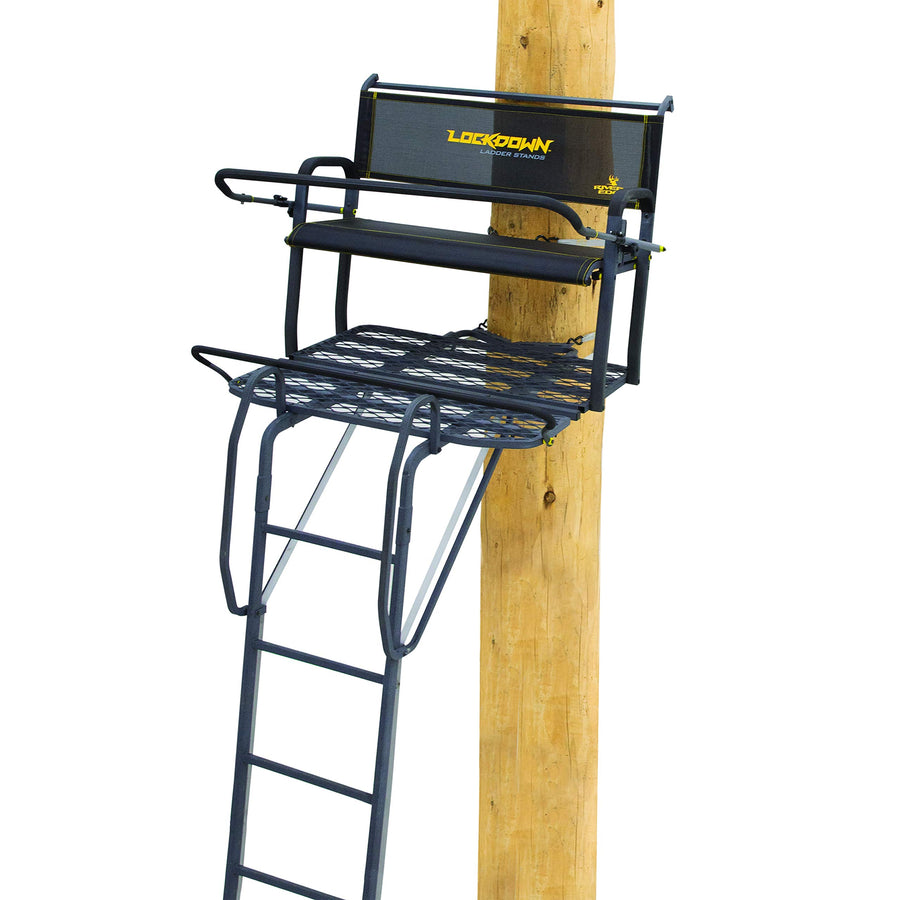 Lockdown™ 2-Man Rivers Edge® 17' Height, Flip-Up TearTuff™ Mesh Bench Seat, The Ultimate Shooting Rail, Patent-Pending Ground-Level Ratcheting Technology™, LD203