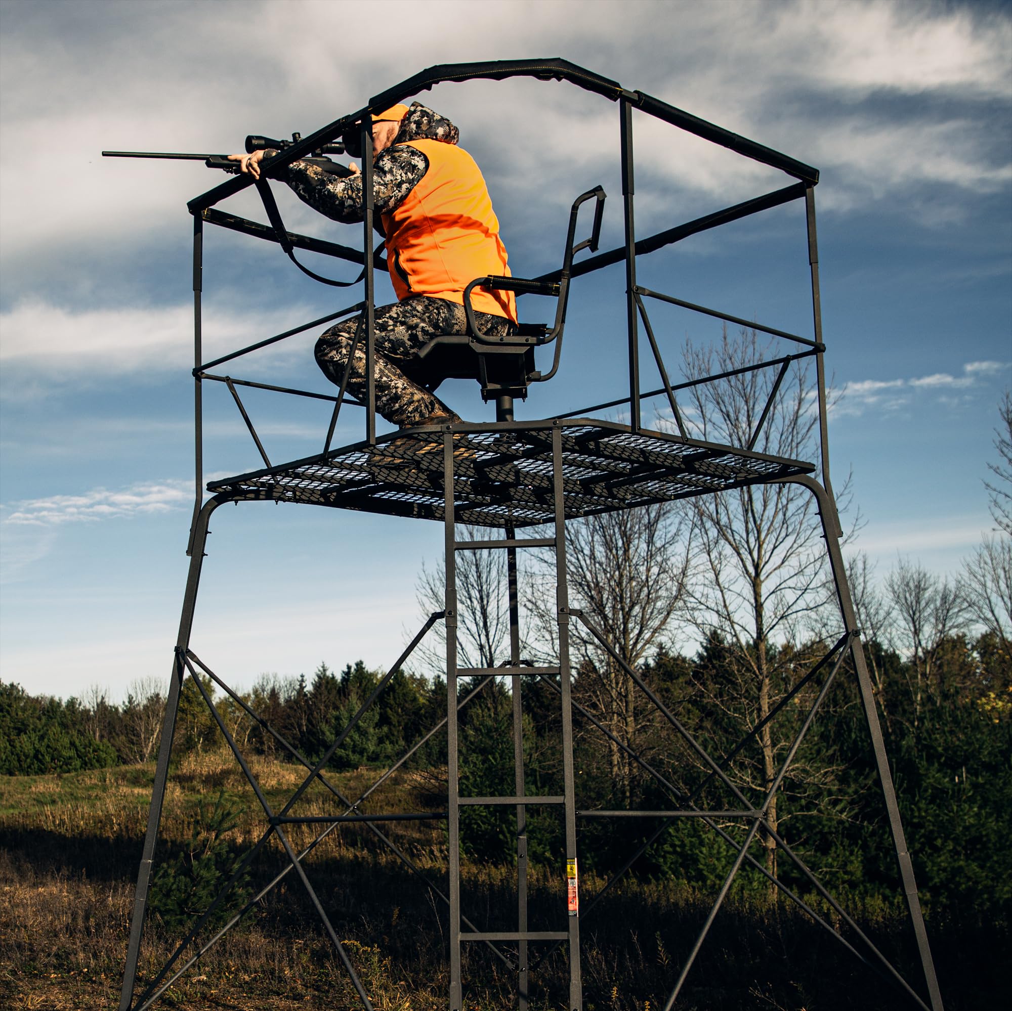 12’ Rivers Edge® 2-Man Quad Pod Tower Stand, TearTuff™ Mesh Seats, 360-Degree Swivel Chairs, Adjustable Padded Shooting Rail, Unmatched Stability, Oversized Platform, RE401