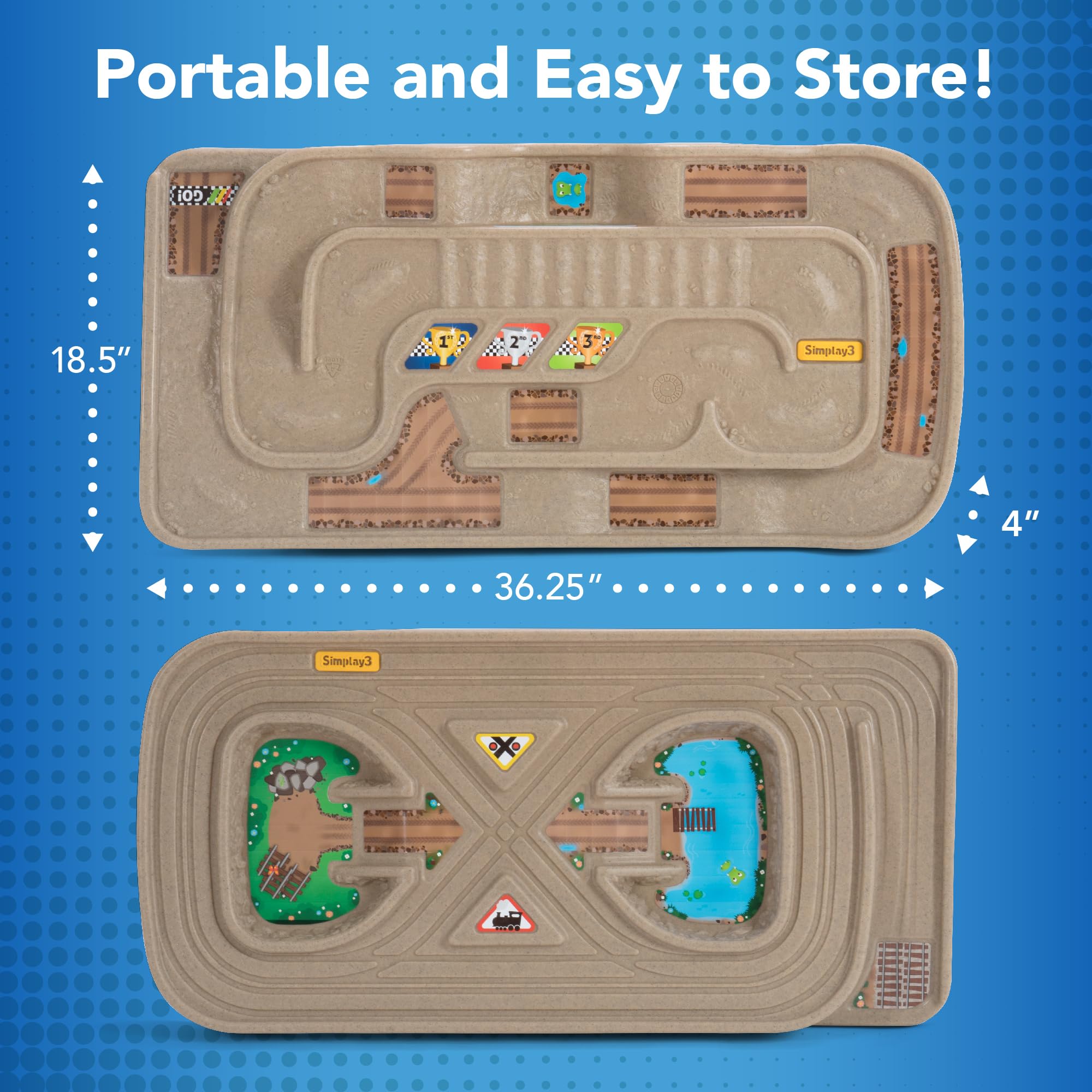 Simplay3 Kids Race Track Toy Car Train Table Portable Carry and Go, 2-Sided No Assembly for Children 3 4 5 6 7 Years Old Boys Girls, Made in USA
