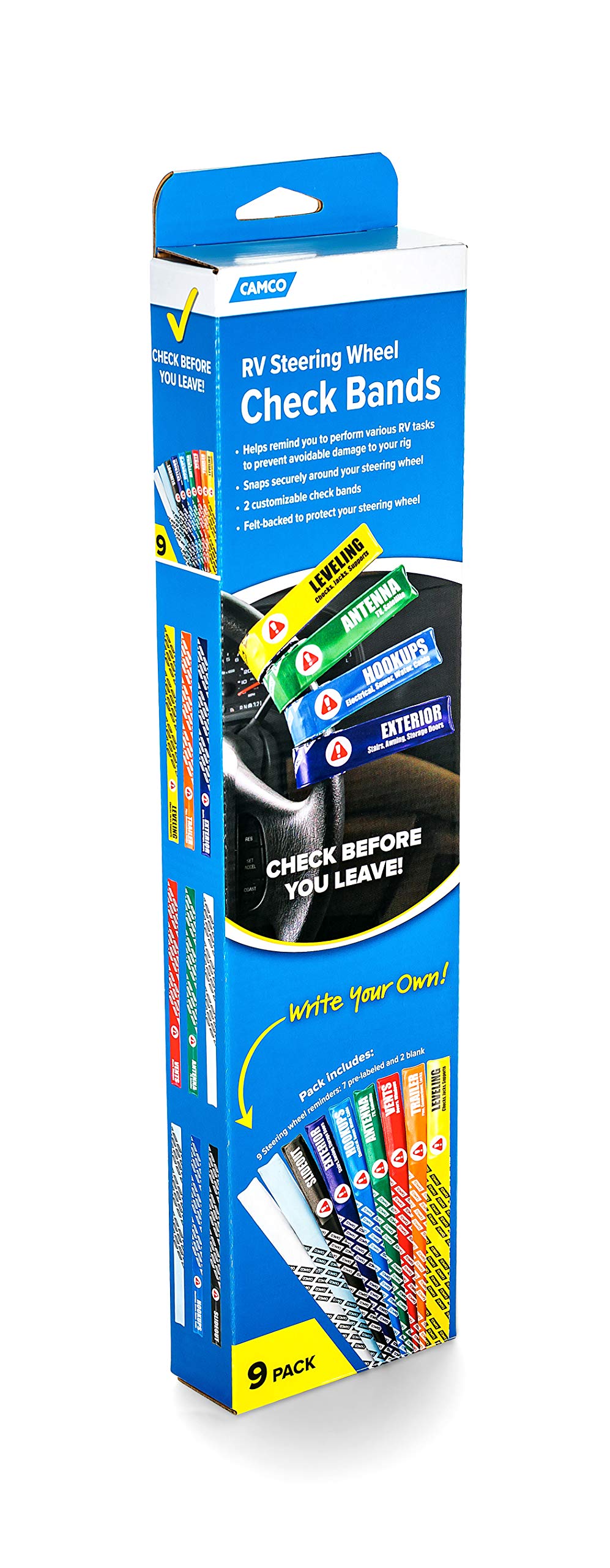 Camco RV Check Bands Steering Wheel - Pre-Labeled and Customizable Important Task Reminders to Place on Your RV Steering Wheel So You Won't Forget |Excellent for Camping and Traveling - (53098)