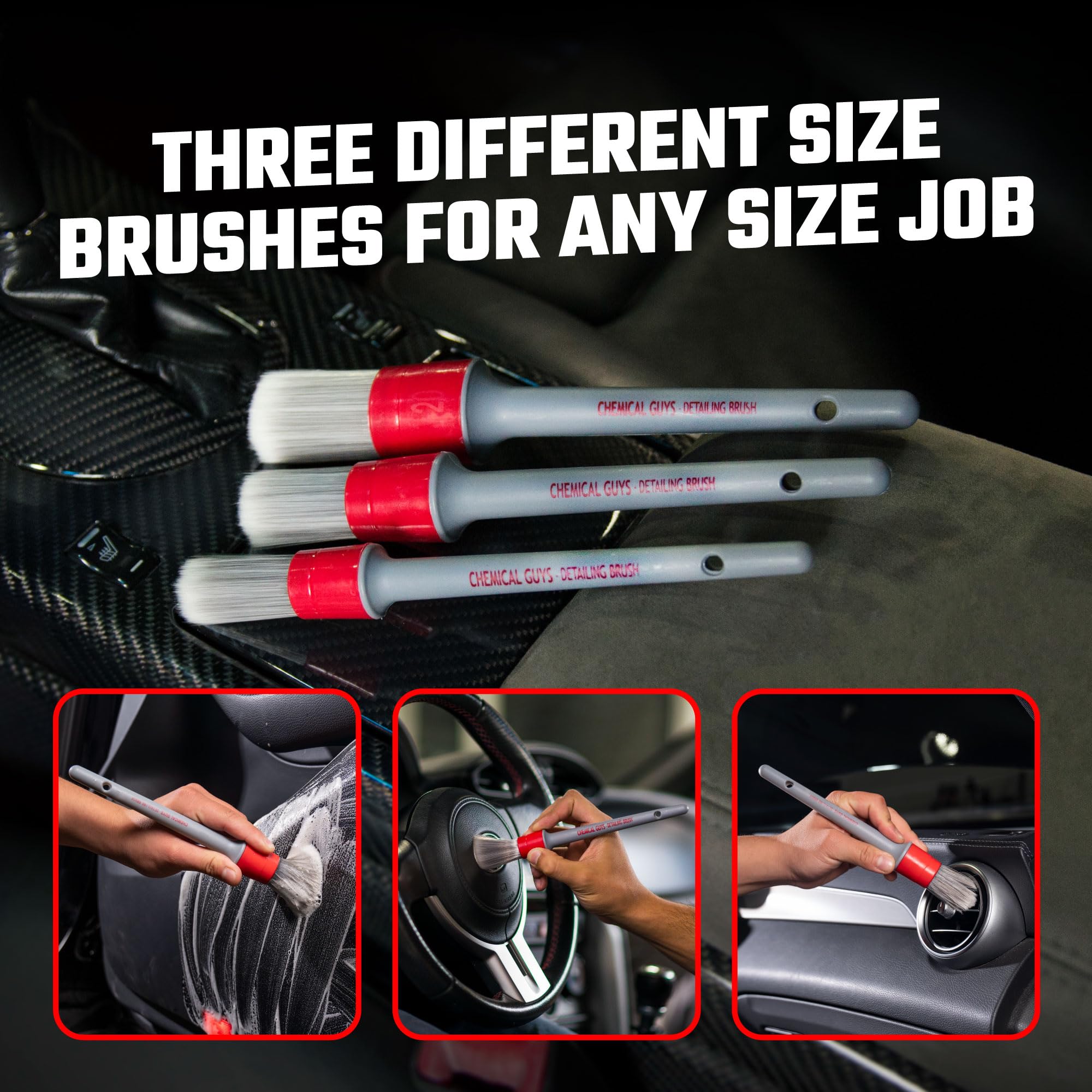 Chemical Guys Interior Detailing Brush Set All in the Details - 3-Piece Soft & Durable Car Detailing Brushes for Vents, Consoles, Buttons, Trim & Hard-to-Reach Areas in Cars, Trucks, SUVs & RVs