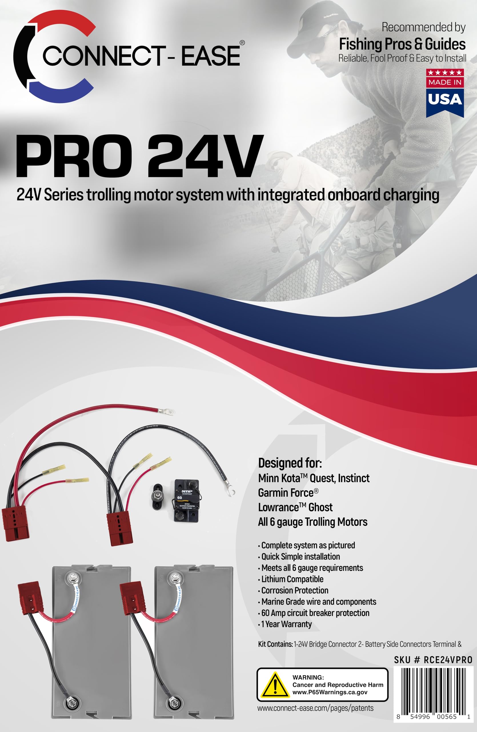 24V Trolling Motor Connection Kit Connect-Ease RCE24VPRO with Onboard Charging | 6-Gauge Wire | Fits Any 24 Volt Trolling Motors Including MinnKota QUEST, Garmin Force, Lowrance Ghost | Made in USA