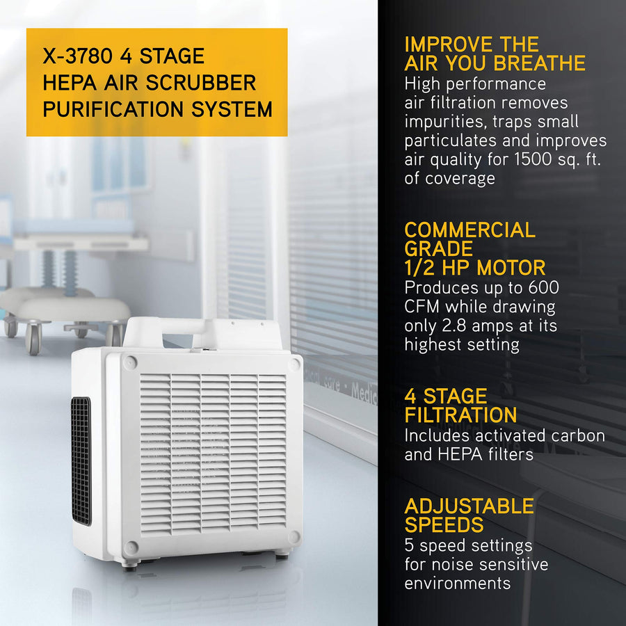 Xpower HEPA X-3780 Air Purifier & Scrubber for Home, Commercial & Industrial Use, 4-Stage Carbon Filter for Odor Elimination & Dust Allergy, Negative Air, 600 CFM, 5-Speed, Filter Light, White