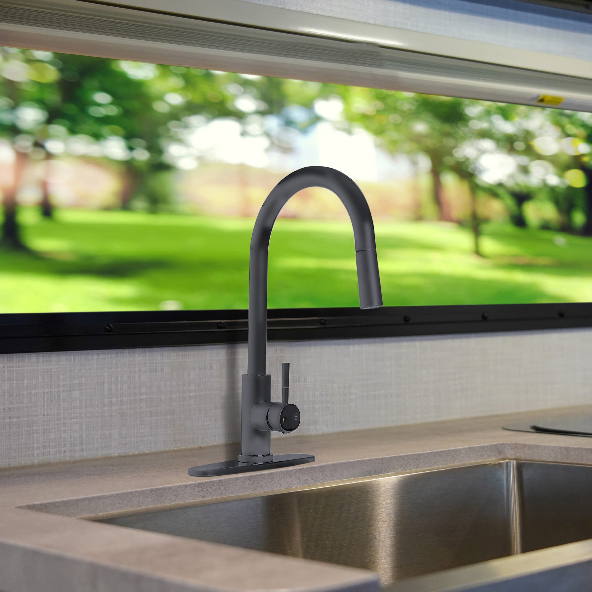 Single Lever Pull-Down Kitchen Faucet Empire Faucets SL4000BMT-A with Hi-Arc Bullet Spout and Deck Plate - Black Matte