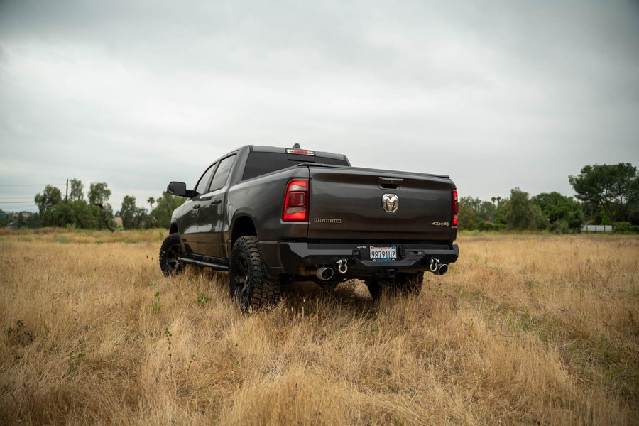 DV8 Offroad Rear Bumper Spec Series Compatible with 2019-2024 Ram 1500 Single and Dual Exhaust Models | Mount two 3" Pod Lights | Recovery Points | Fully Bolt-On | Powder Coated Finish