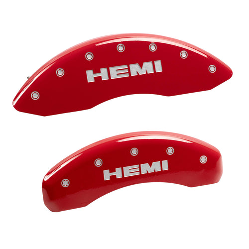 MGP Caliper Covers with 2011-2018 RAM 1500 Compatible, 2019-2024 1500 Classic, 2013-23' 1500 Eco Diesel (Fits 18"+ Wheels) Powder-Coated Finish, 4 PCS Front and Rear (Red - Hemi Engraving)