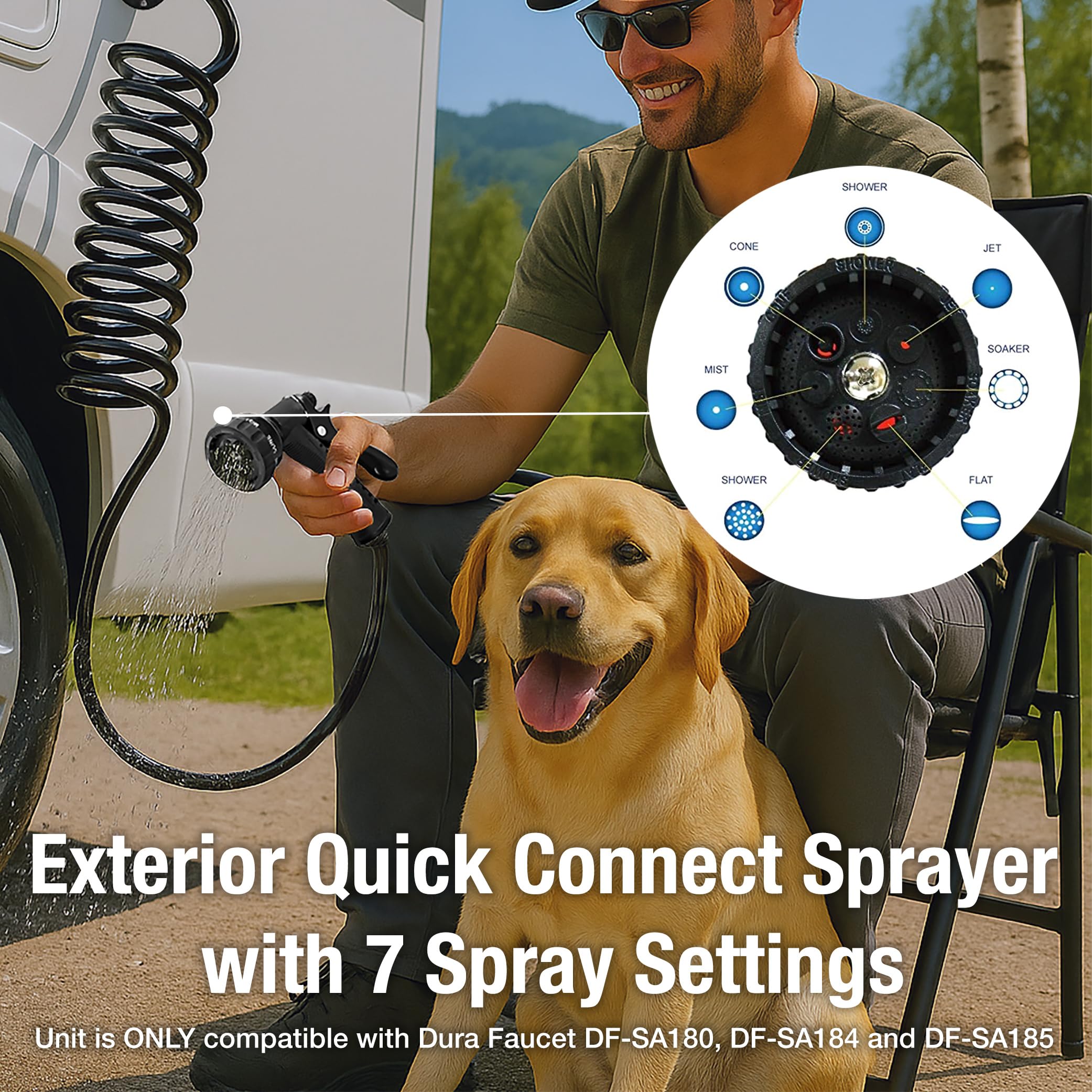 Dura Faucet RV Exterior Quick Connect Detachable Spray Faucet DF-SA186-BK 7-Option Nozzle (Black)