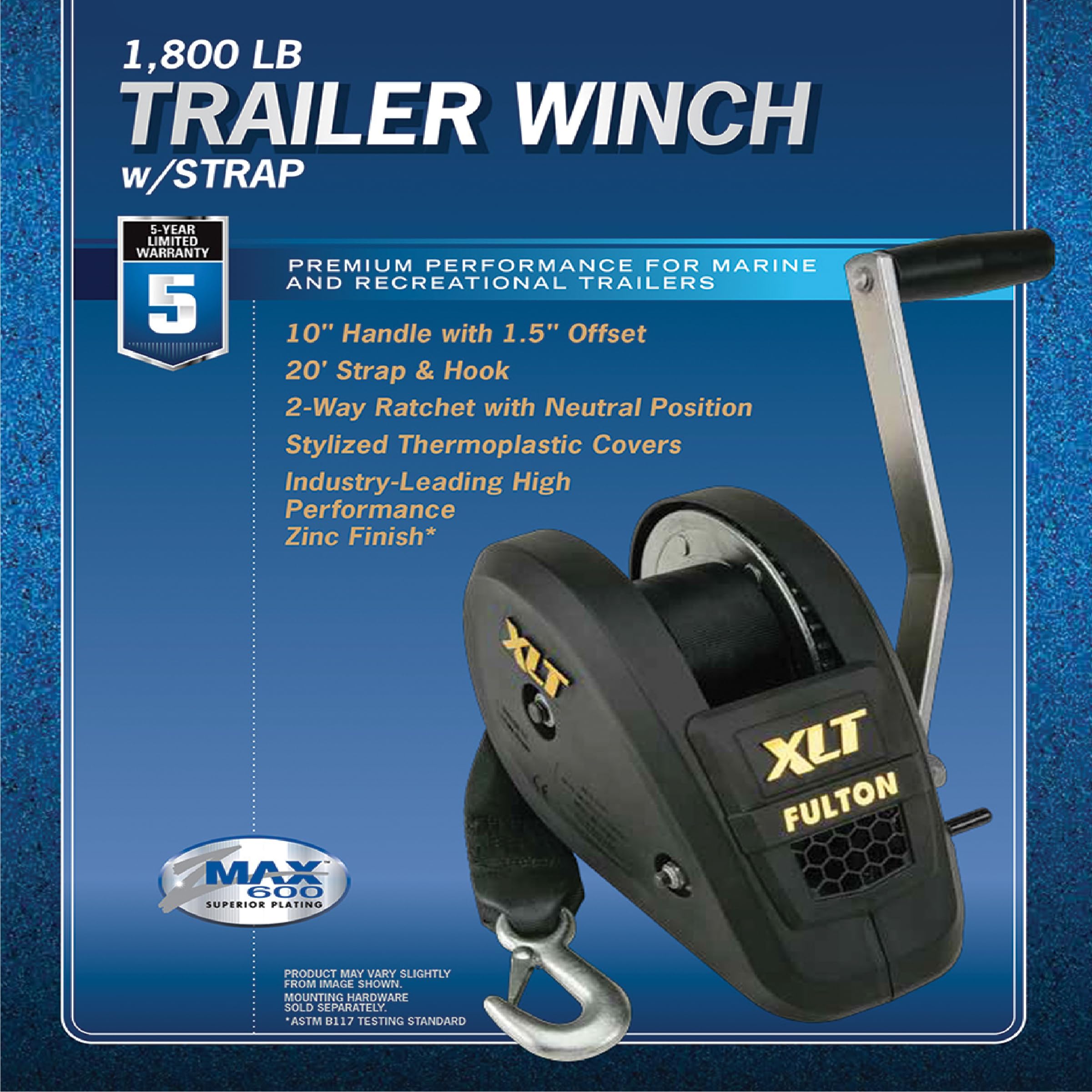 Fulton XLT 142314 Boat Trailer Winch with 20 Foot Winch Strap with Hook, 1,800 lbs. Capacity, Single-Speed Hand Crank Winch, Solid Drum Gear System