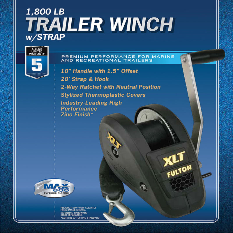 Fulton XLT 142314 Boat Trailer Winch with 20 Foot Winch Strap with Hook, 1,800 lbs. Capacity, Single-Speed Hand Crank Winch, Solid Drum Gear System