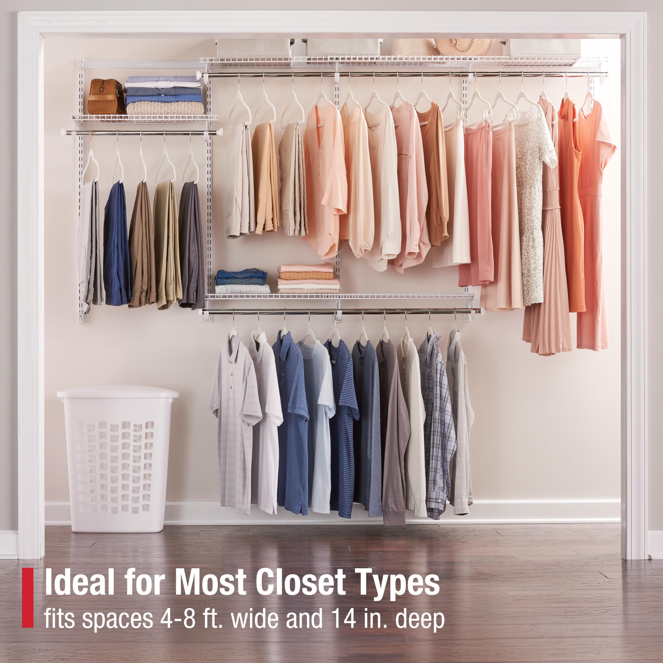 Rubbermaid Configurations Custom Closet Kit Adjustable Metal Wire Shelving 4-8 Ft. White Finish Expandable Organization System Hardware Included for Home Closet/Pantry/Laundry/Mudroom