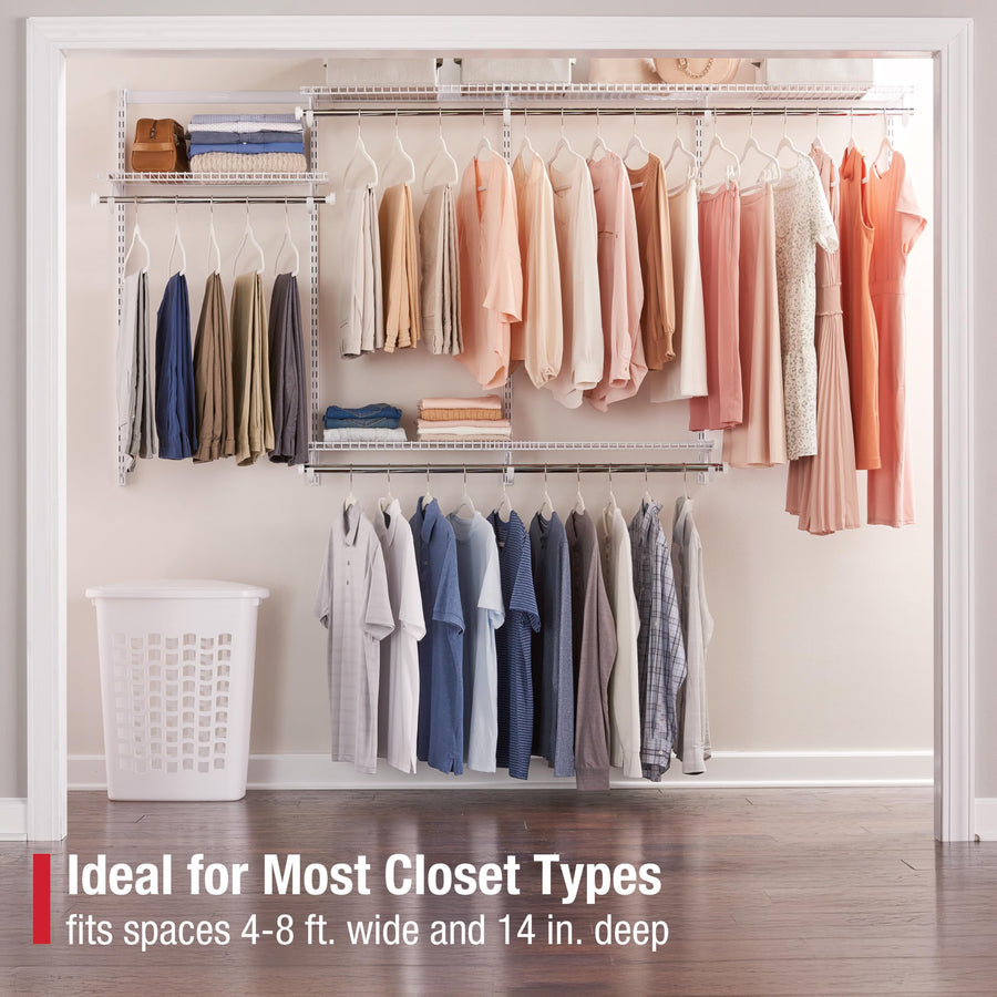 Rubbermaid Configurations Custom Closet Kit Adjustable Metal Wire Shelving 4-8 Ft. White Finish Expandable Organization System Hardware Included for Home Closet/Pantry/Laundry/Mudroom