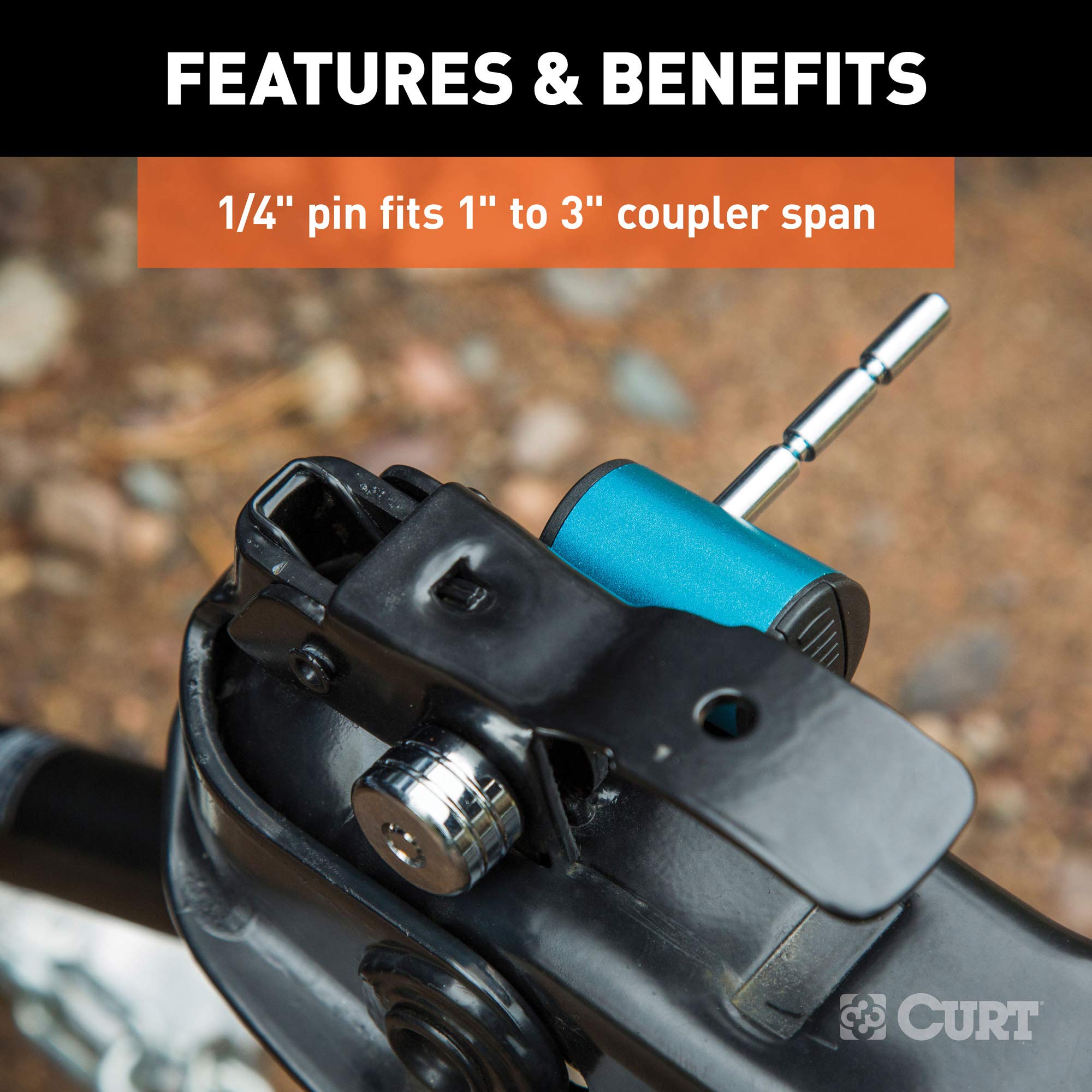 CURT Right-Angle Trailer Coupler Lock, 1/4-Inch Pin Diameter, Up to 3-Inch Span, BLUE ANODIZED ALUMINUM