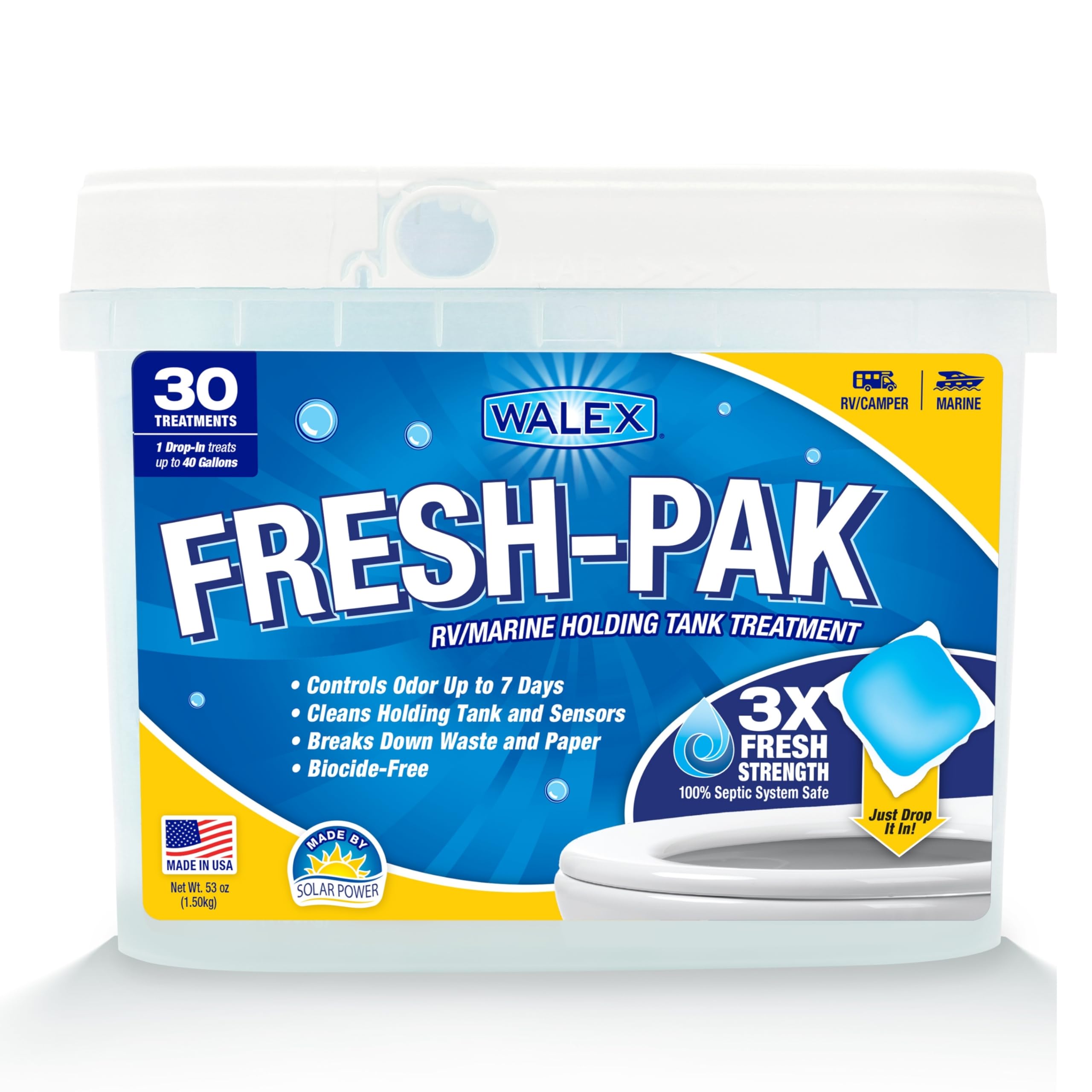 Walex RV/Marine Fresh-Pak Holding Tank Treatment - Black Water Holding Tank Deodorizer for Rapid Breakdown of Waste & Toilet Paper, Neutralizes Odors, Septic Tank Safe, Fresh Scent (Pack of 30)