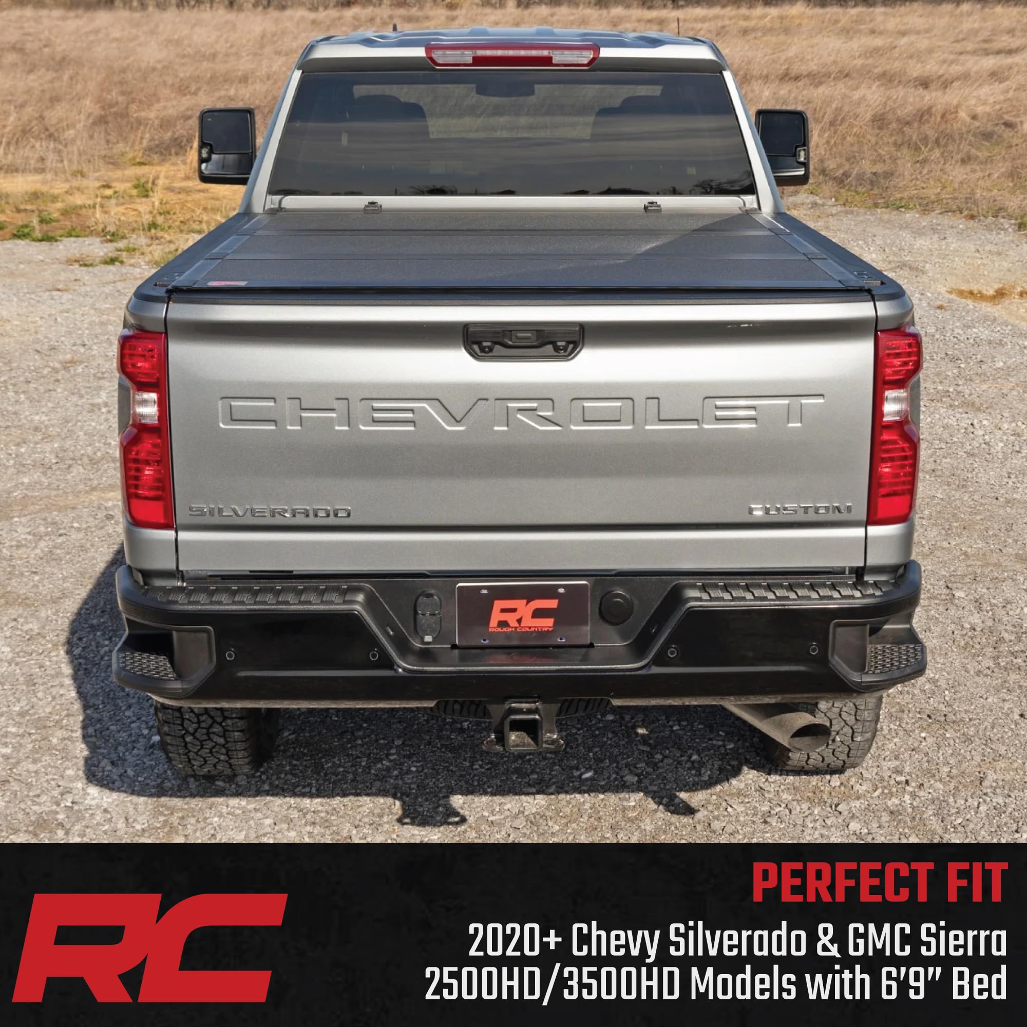 Rough Country Truck Bed Hard Flip-Up Tonneau Cover for Chevy Silverado & GMC Sierra 2500HD/3500HD (2020-2025) - Aluminum Tri-Fold Bed Cover, Fits 6'9 (82.2") Bed