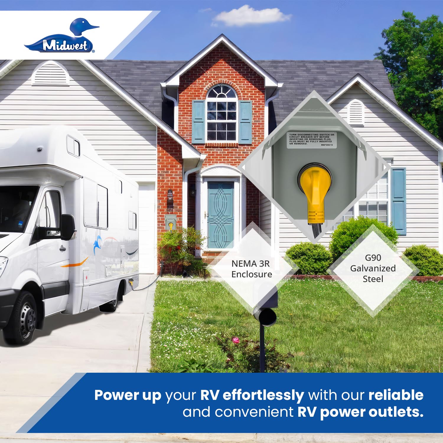 Weatherproof MIDWEST U054P • Temporary RV Outlet • 50A 14-50 RWR • Power Supply • Volts AC: 120/240V • Fully Compliant