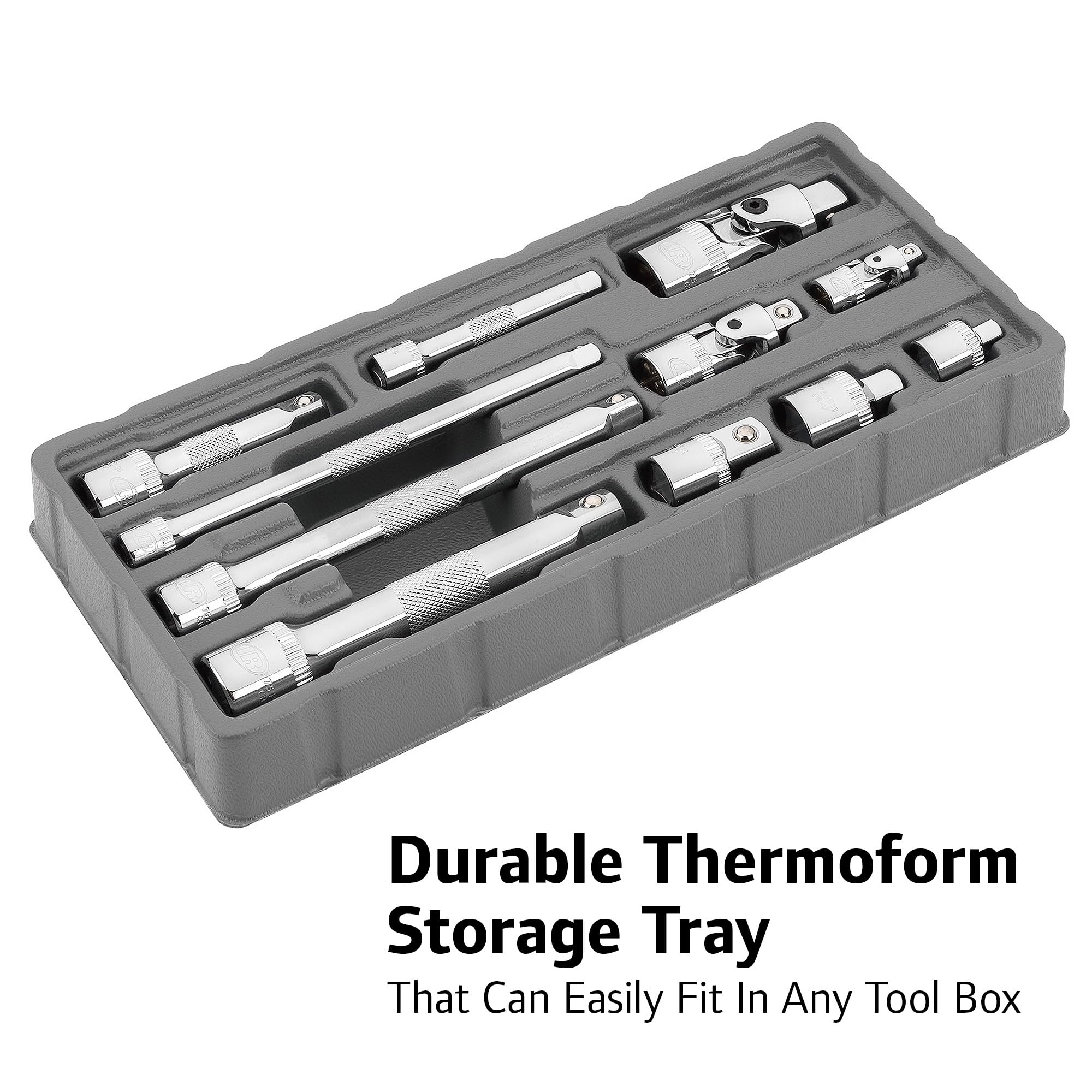 Ingersoll Rand 11-Piece Accessory Socket Set, Chrome Vanadium Steel, Includes U-Joints, Adapters & Extensions in 1/4", 3/8", 1/2" Drive, with Thermoform Organizer Tray – 752055X