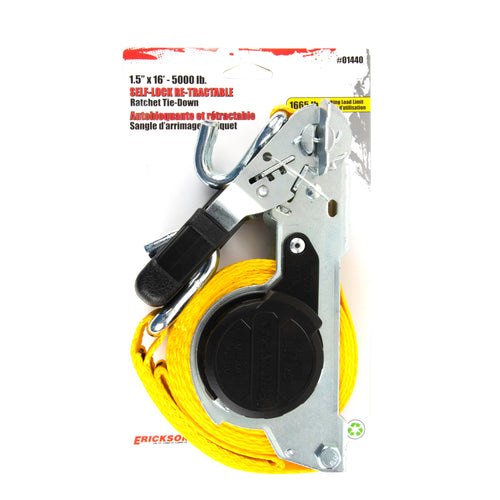 Retractable Erickson Ratchet Tie Down Strap - 1.5 in x 16 ft - 5,000 lb Break Strength, Self-Locking Mechanism, Heavy-Duty Yellow Polyester Webbing for Trucks, Trailers, ATVs, UTVs