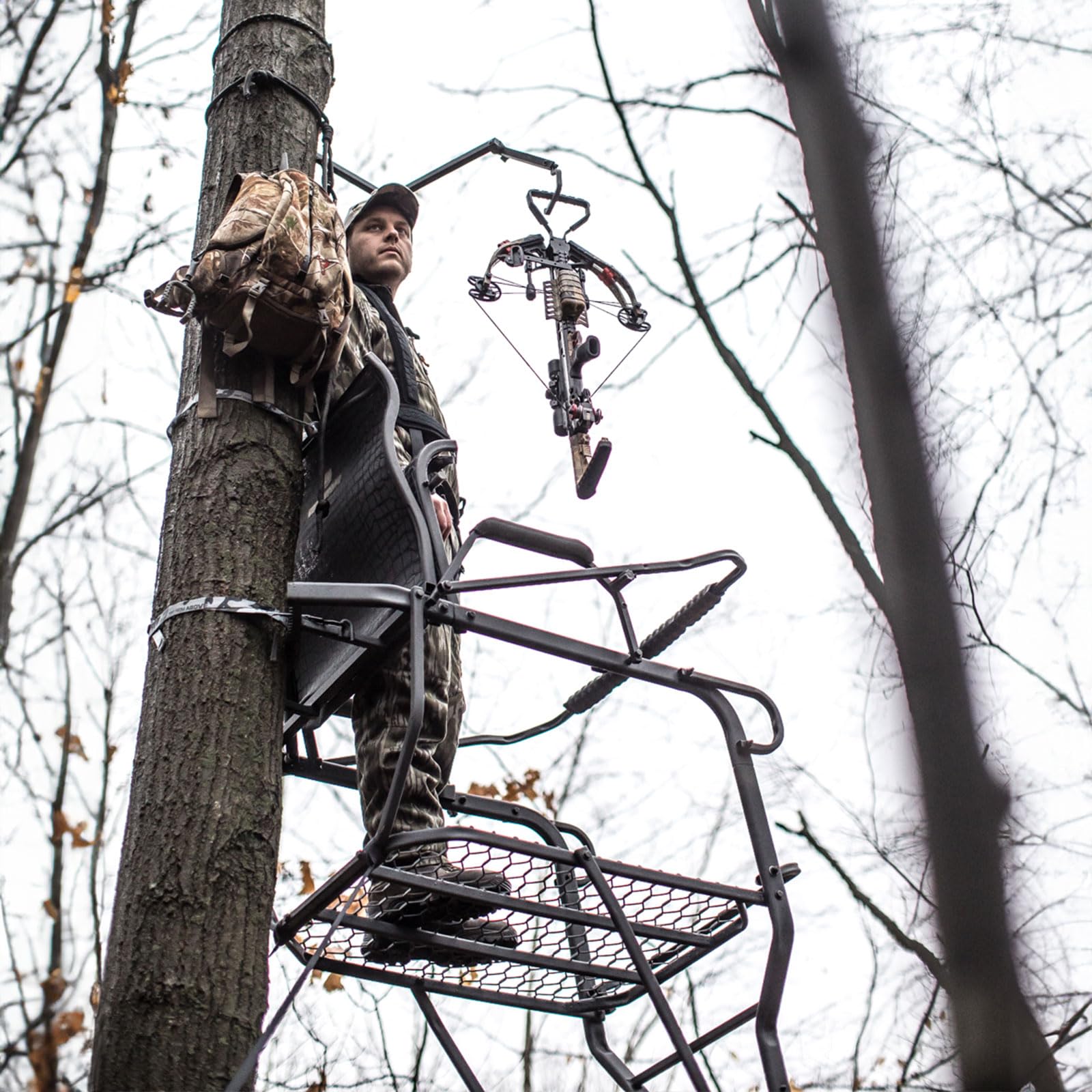 Sasquatch 21' Hawk 1.5-Man Ladder Stand | Durable Hunting Archery Steel 1 Person Tree Stand with Flip Up Chair, Hercules Cross Grip Safety System