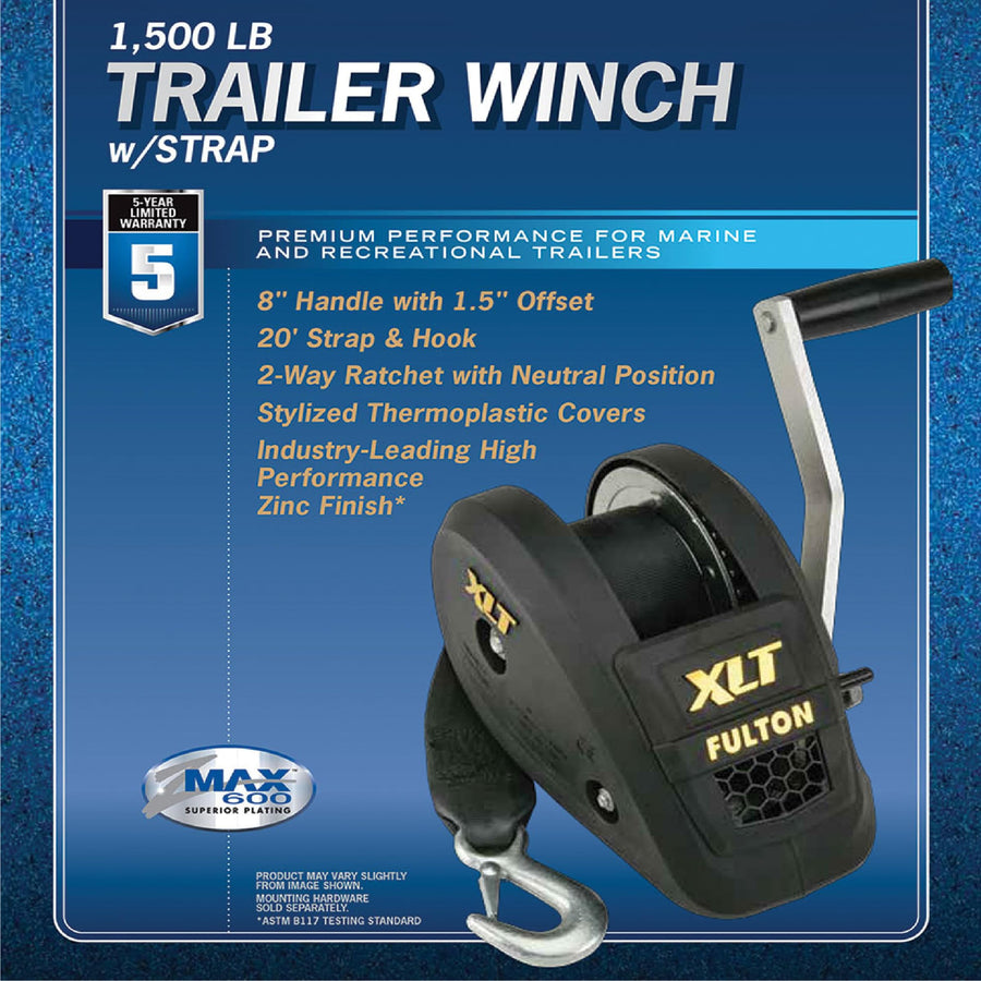 Fulton XLT 142311 Marine Trailer Winch, Single-Speed, 1,500 lbs. Capacity, 20 Foot Strap, 8 Inch Handle, Black Cover