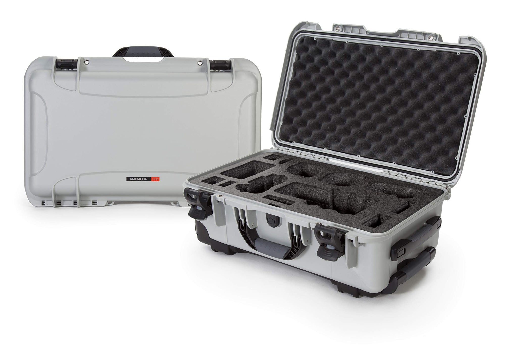 Waterproof Nanuk 935 Carry-On Hard Case with Custom Foam Insert for Sony a7R Size Camera w/Wheels - Silver