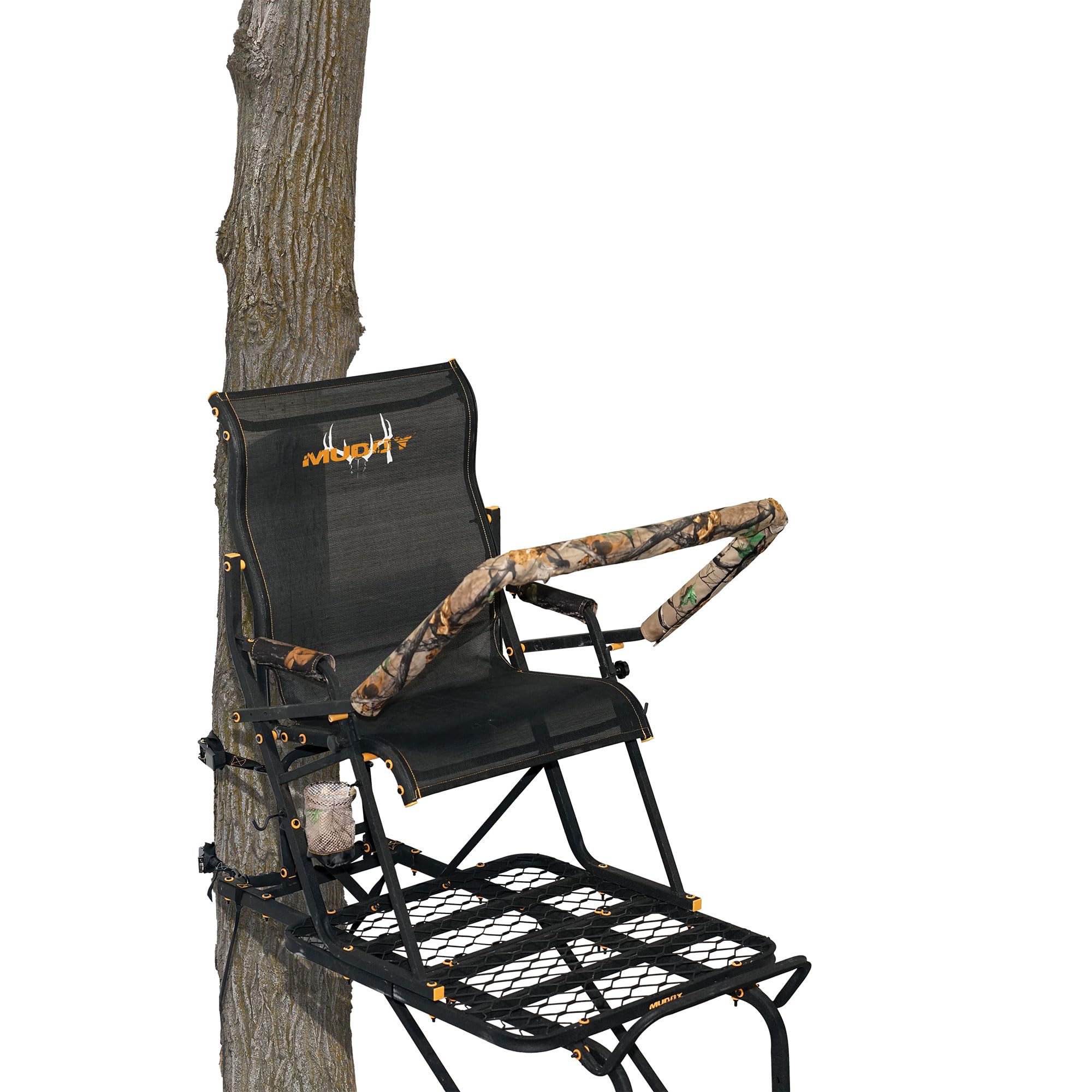 Muddy 1.5 Boss Hawg Deer Hunting Ladderstand, 17 Foot 1 Person Climbing Tree Stand with Lumbar Seat and Expanded D-Force Metal Platform