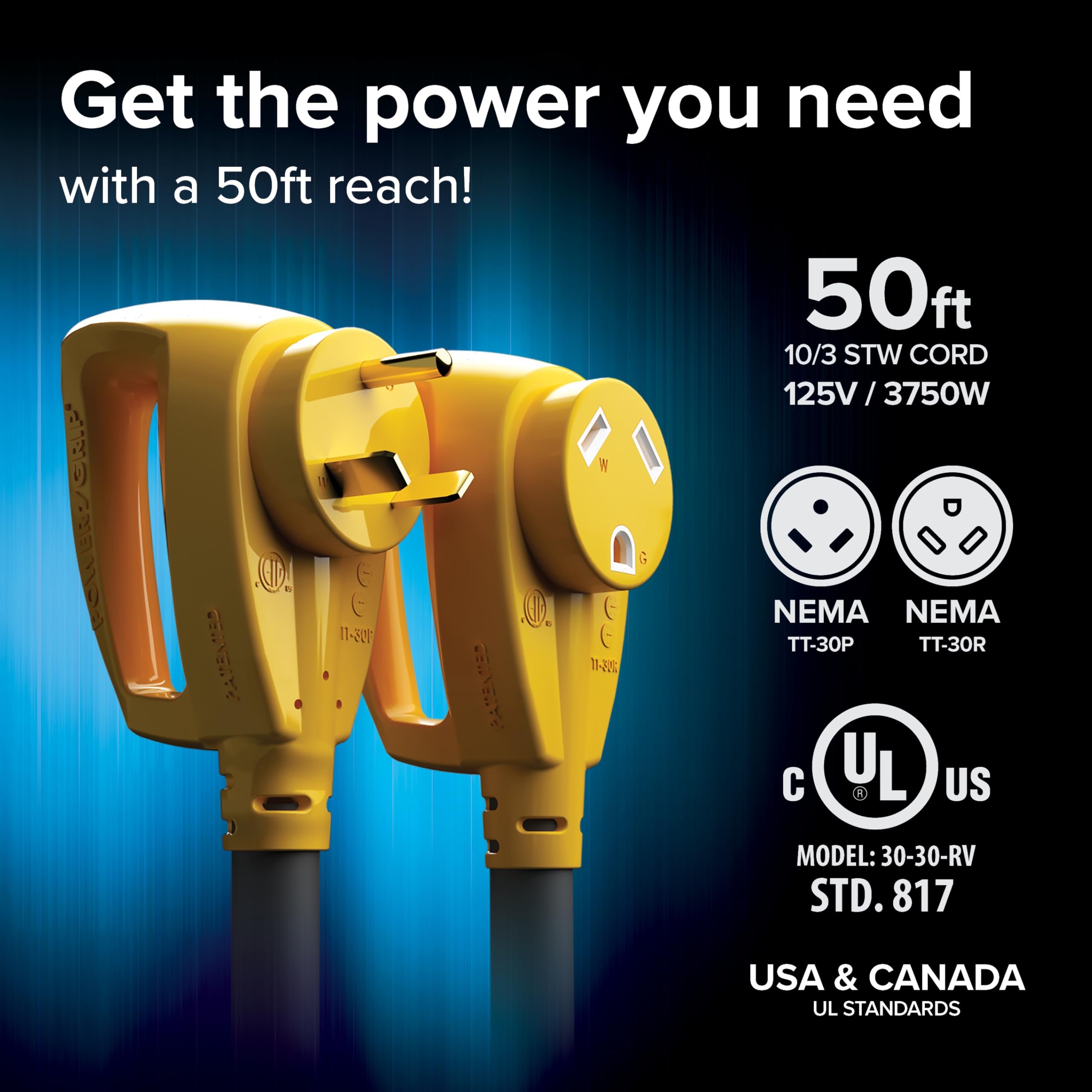 PowerGrip Camco 50-Ft 30-Amp Camper/RV Extension Cord - Standard 30-Amp Male & 30-Amp Female Connectors - Crafted of 10-Gauge Copper Wires w/Heat Resilient PVC Coating - Rated for 125V/3750W (55197)