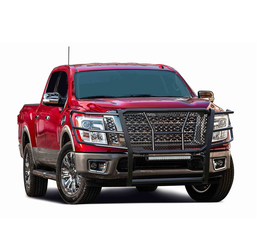 Heavy Duty Black Horse RUGGED Grille Brush Bumper Guard Modular Black Come with 20" Double Row LED Light Compatible with 2017-2024 Nissan Titan-RU-NITI17-B-K1