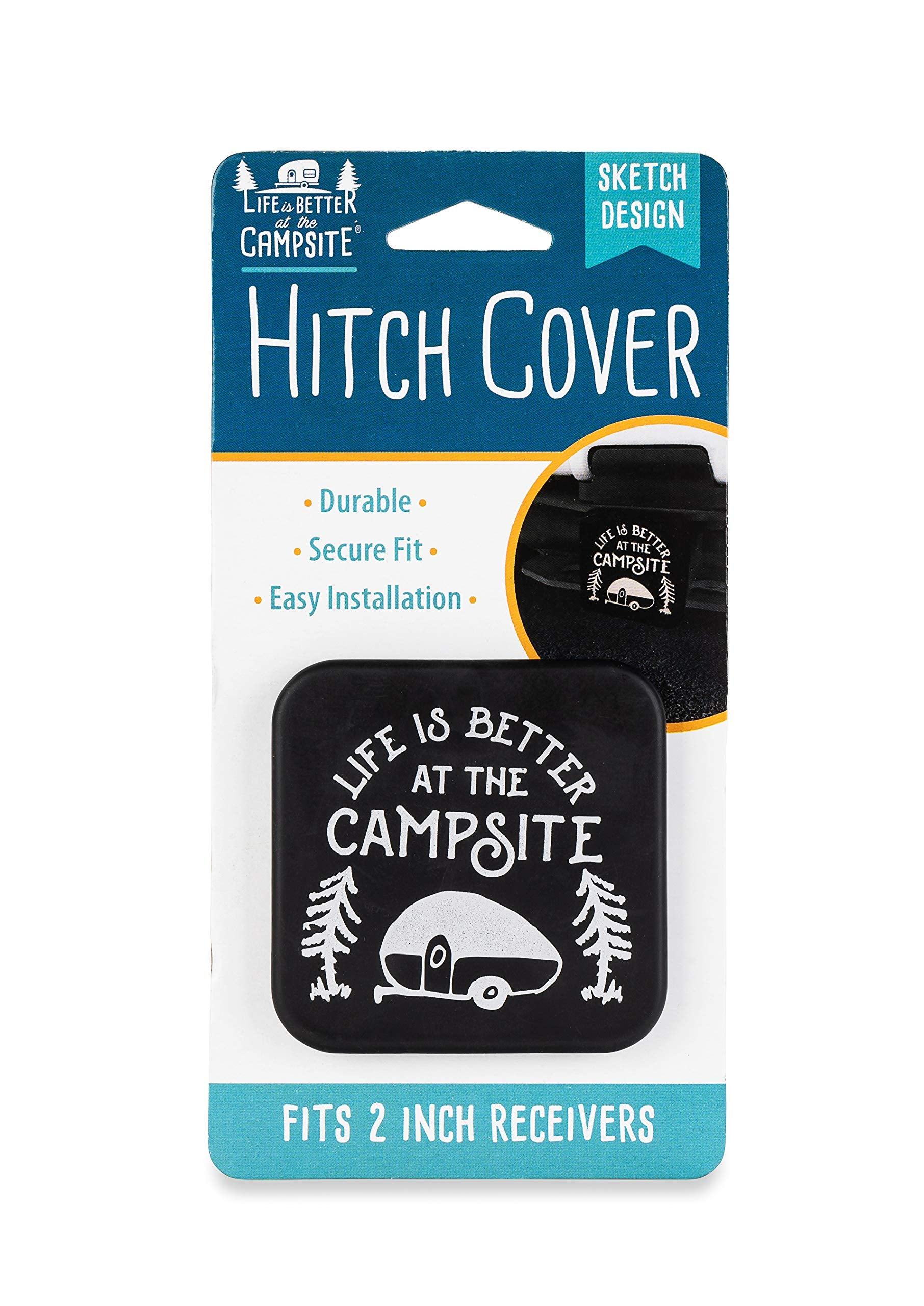 Hitch Receiver Cover Camco Life is Better at The Campsite | Protects Your Trailer Hitch Receiver from Debris, Dirt, Water and Rust | Life is Better at The Campsite Sketch Logo, Black/Silver (53410)
