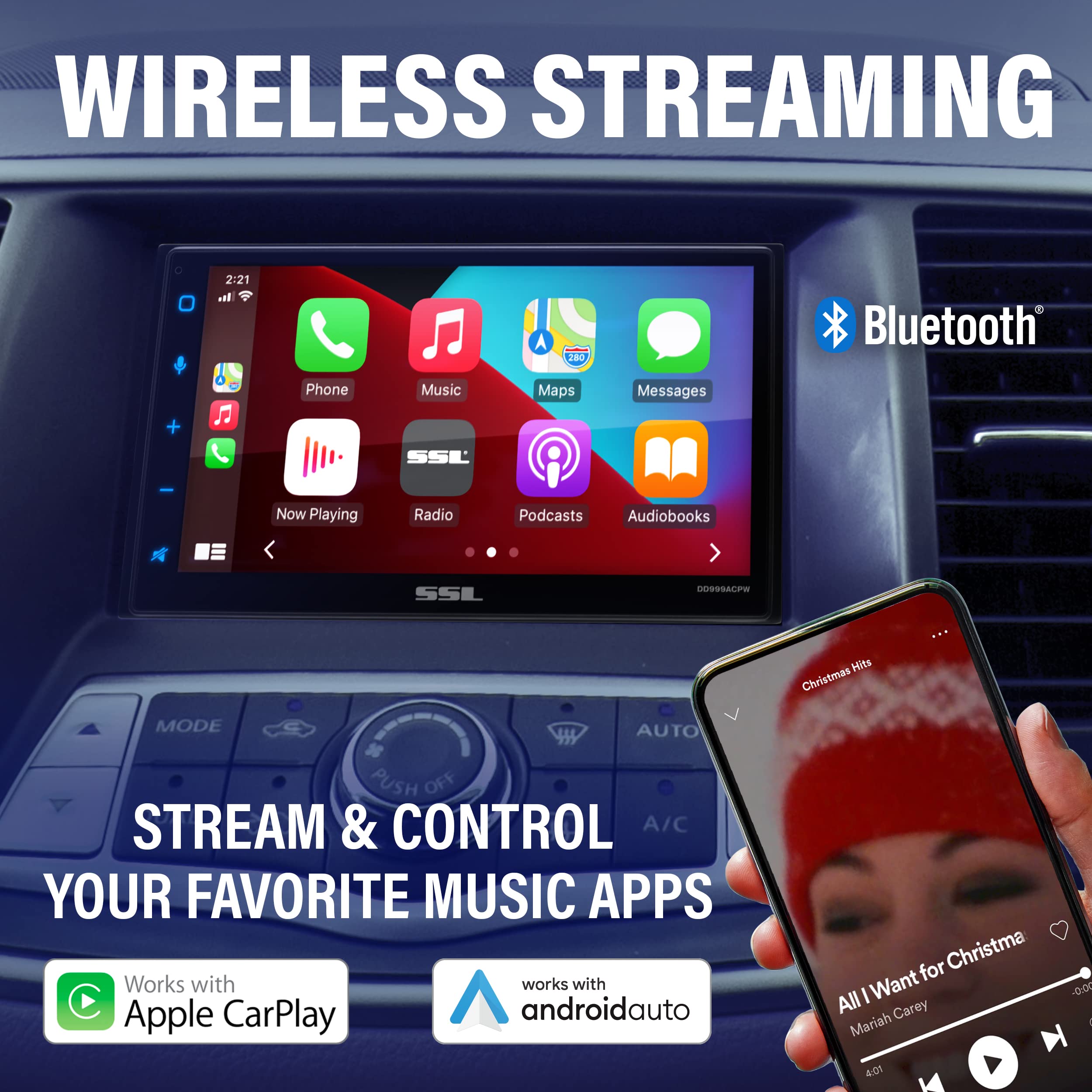 Apple CarPlay Sound Storm Laboratories DD999ACPW Wireless Android Auto Car Multimedia Player - Double-Din, 6.75 Inch Capacitive Touchscreen, Bluetooth, USB, No CD DVD Player, Multi-Color Illumination