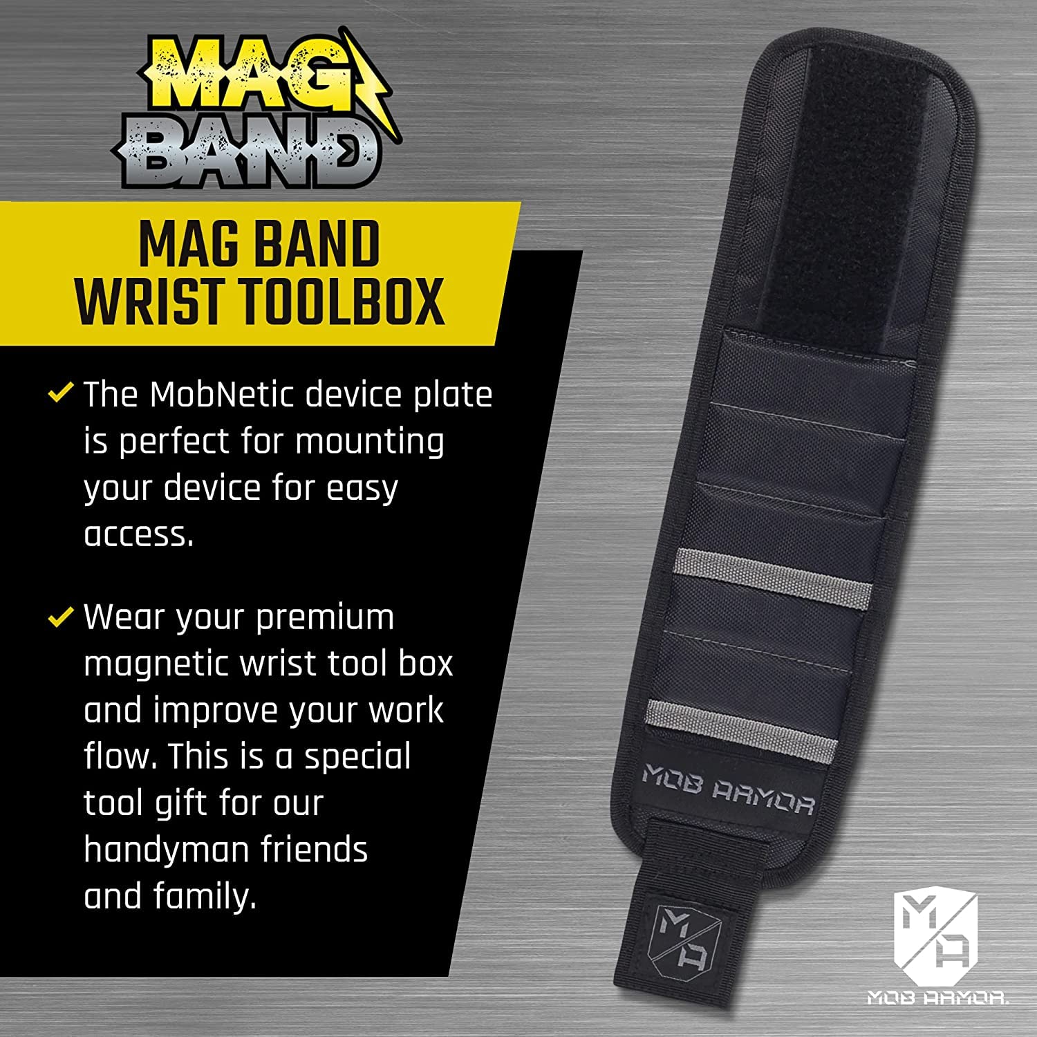 Mag Band Mob Armor Magnetic Wrist Tool Holder - Magnetic Wristband for Holding Screws, Nails, Fasteners, and More, Magnetic Wristband for Mechanic, Handyman, Electrician, Tech Geek, 13" x 3.25"