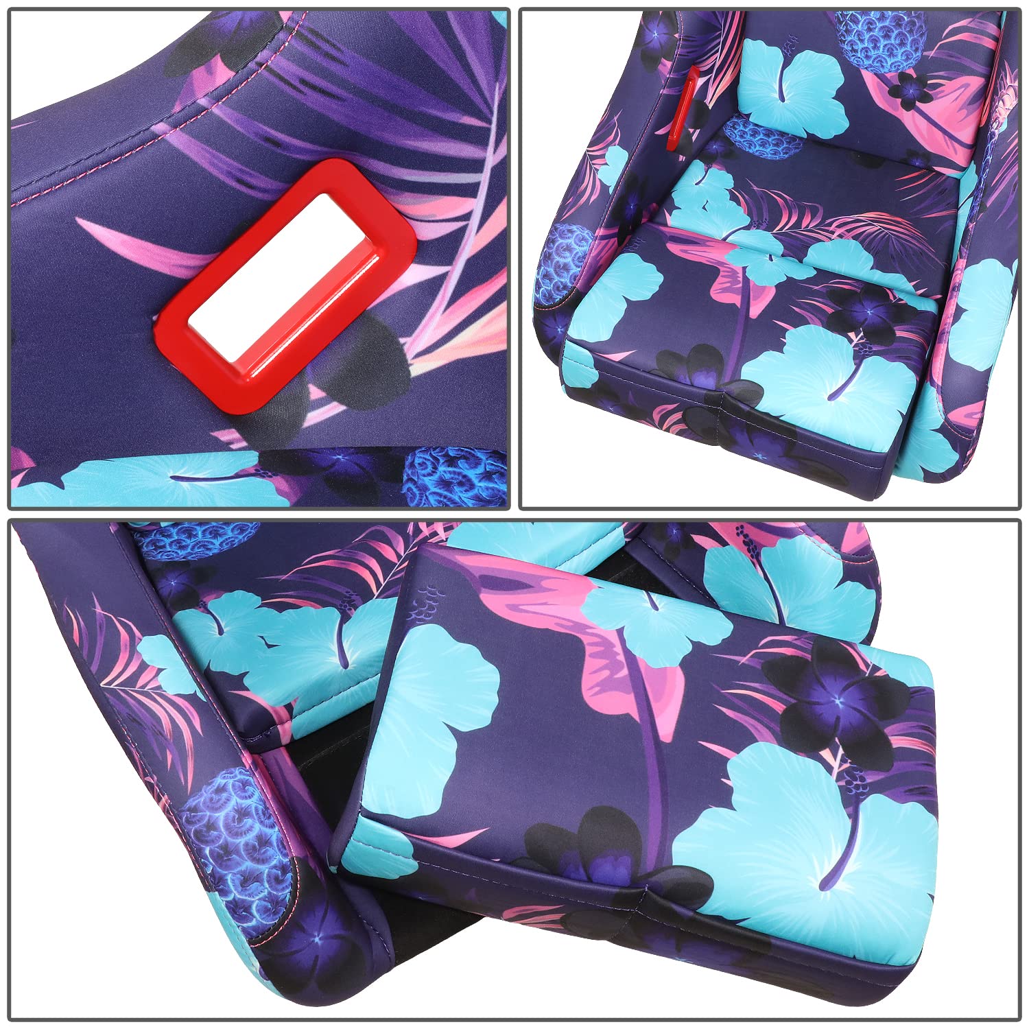 NRG Innovations Prisma FRP-303-PINA Fixed Back Bucket Racing Seat with Bottom Mount Bracket, Invert Tropical Print/Purple Sparkled Paint Back