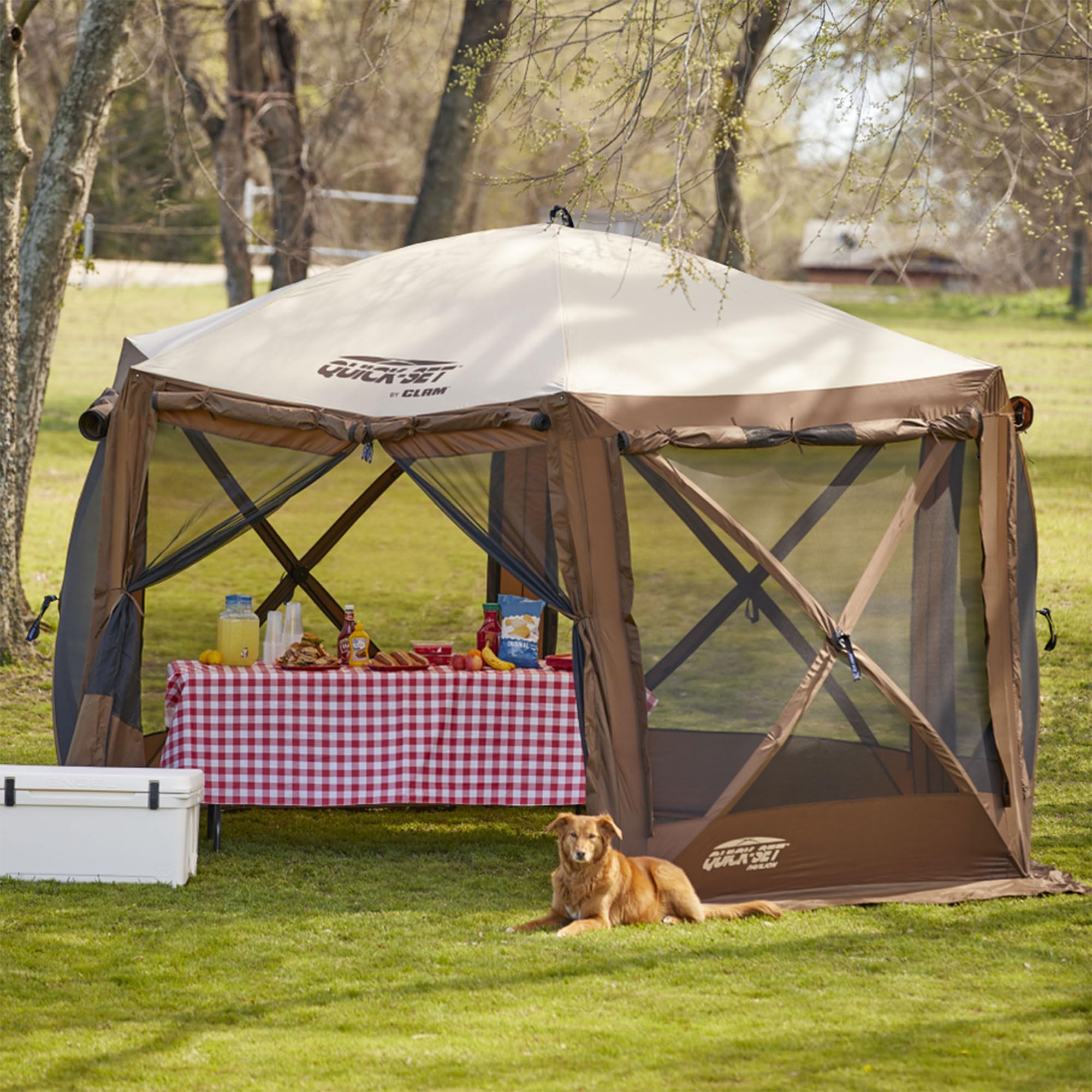 CLAM Large Pop Up Screen Tent, Outdoor Camping Gazebo Canopy, 12.5', Brown - Foldable and Portable Screened Shelter with Netting for Beach, Patio, and Backyard