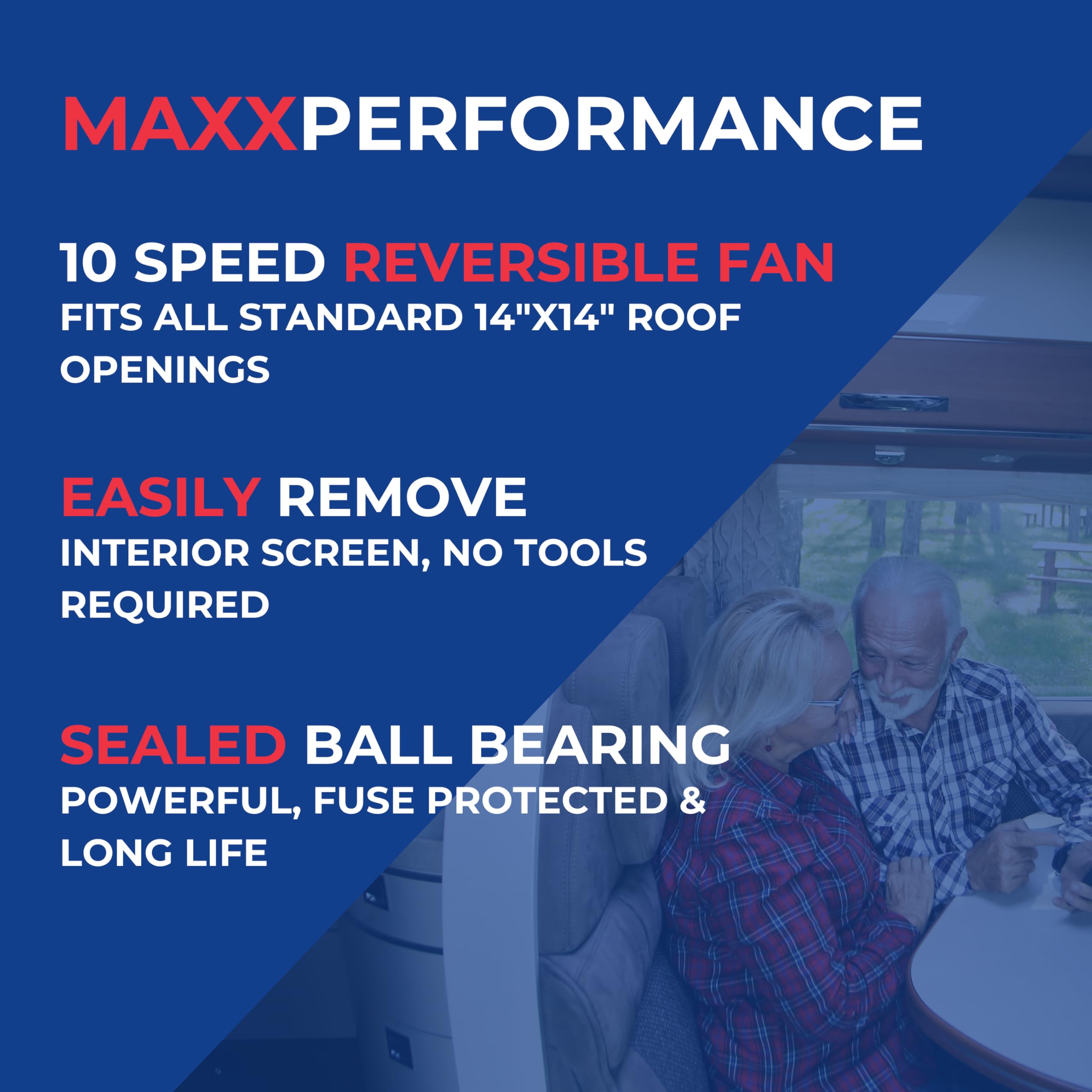 Maxxfan Deluxe MAXXAIR - All-In-One RV Vent, Shield & Fan; Built-In Rain Shield, 10 Speed Reversible Fan with Thermostat, Fits Standard 14"x14" Roof Openings, 12V Long Life Motor, White (00-05100K)