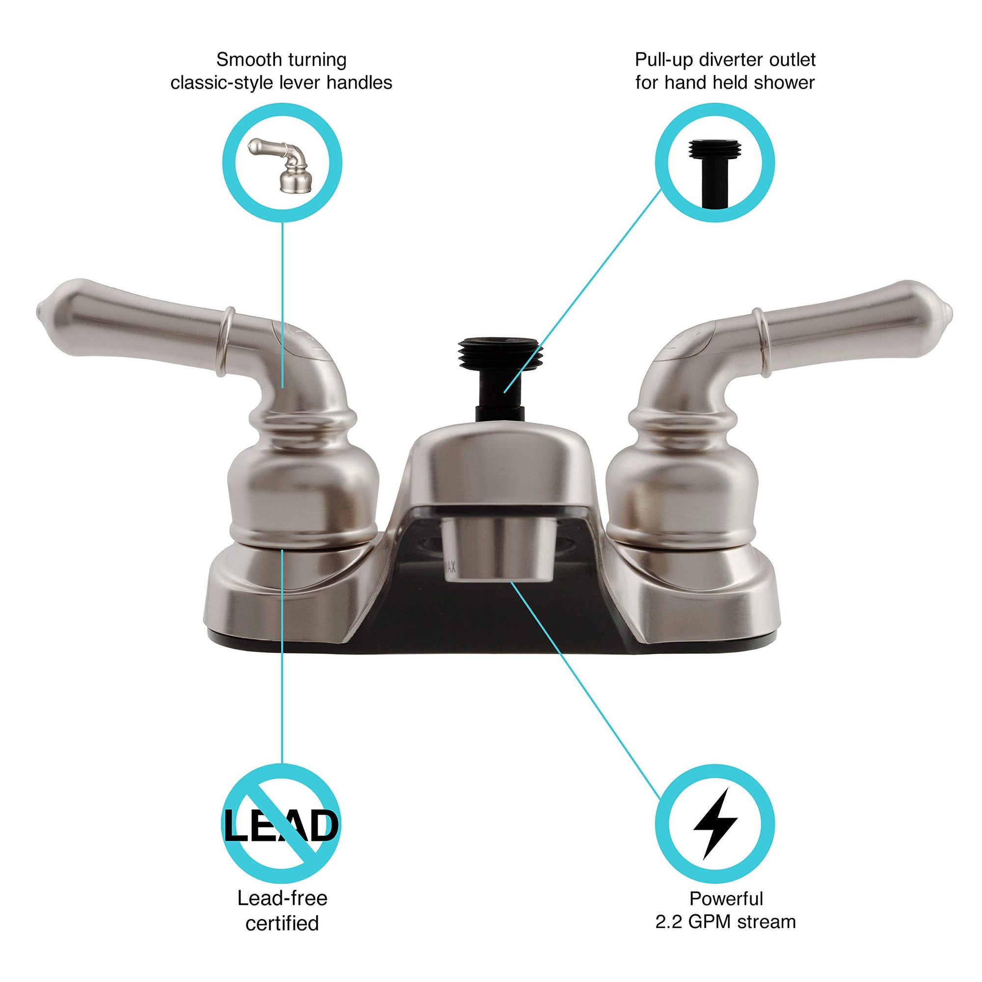 Dura Faucet RV Bathroom Faucet DF-PL720C-SN with Classical Handles and Shower Hose Diverter (Brushed Satin Nickel)