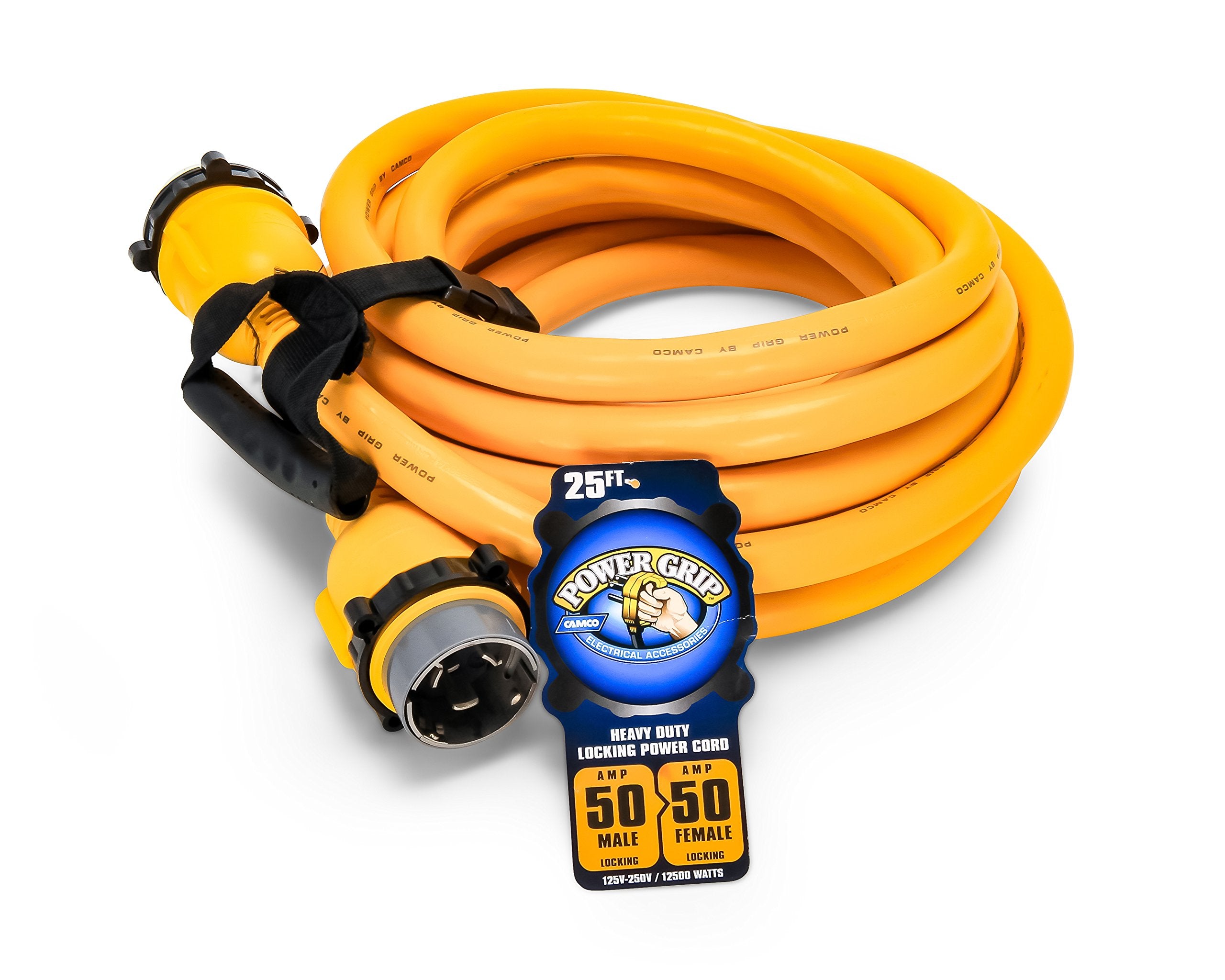 PowerGrip Camco 25-Foot Marine/Boat Extension Cord with 50M/50F Locking Adapters | Allows for Easy Boat Connection to Distant Power Outlets (55621)