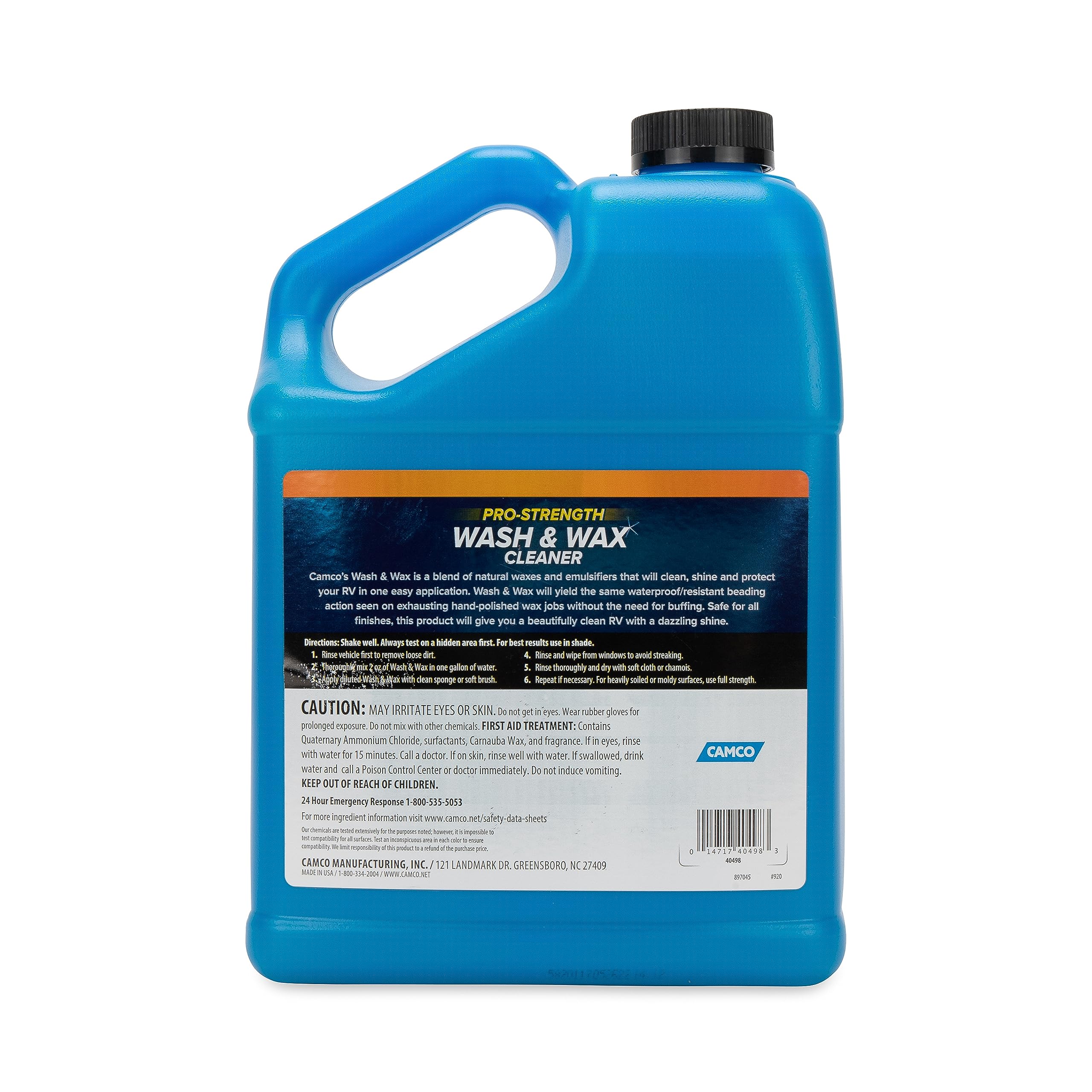 Camco Wash & Wax Cleaner for Vehicles, RVs, and Trailers - Contains 100% Carnauba Wax |Provides a Clean Shiny Finish Without Buffing| Waterproof Resistant Beading Action - 1 Gallon (40498)