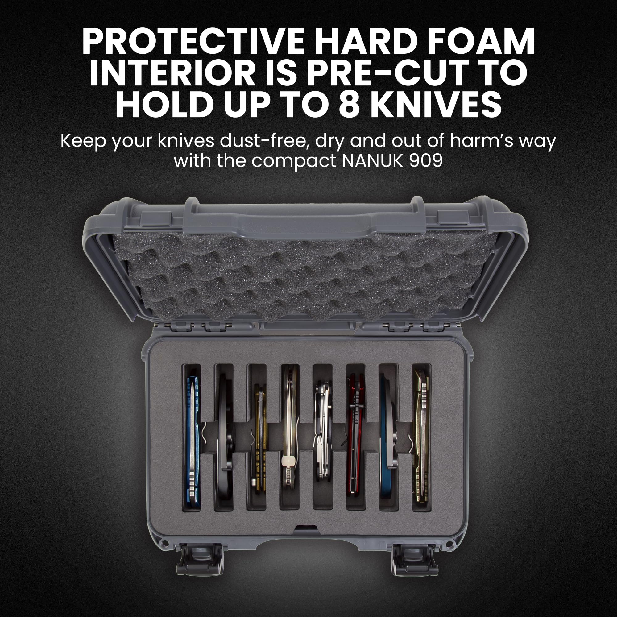 Travel Knife Case NANUK 909 – Waterproof Pocket Knife Storage with 8 Slots, 12.6” x 9” x 4.4” - Lightweight, Lockable, Dustproof, Impact-Resistant & Durable - Graphite