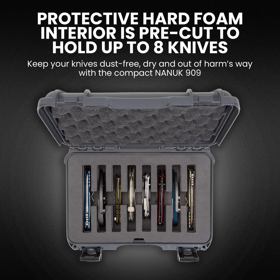 Travel Knife Case NANUK 909 – Waterproof Pocket Knife Storage with 8 Slots, 12.6” x 9” x 4.4” - Lightweight, Lockable, Dustproof, Impact-Resistant & Durable - Graphite