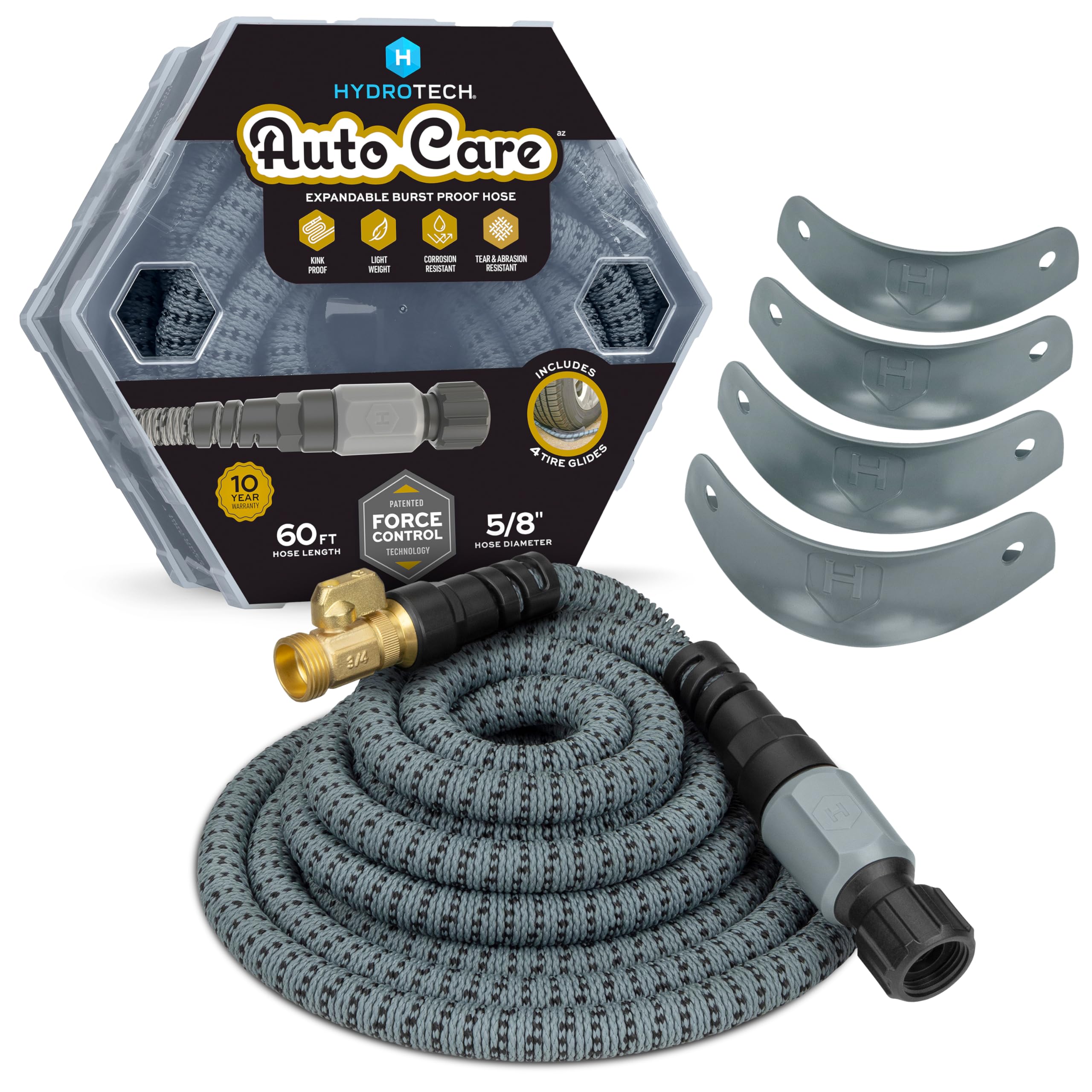 60 ft Hydrotech Garden Hose – Patented Force Control, Burst-Proof, Lightweight, Flexible, No-Kink Design, 5/8", 4 Tire Hose Guides, Ideal for Car Wash & Automotive Care