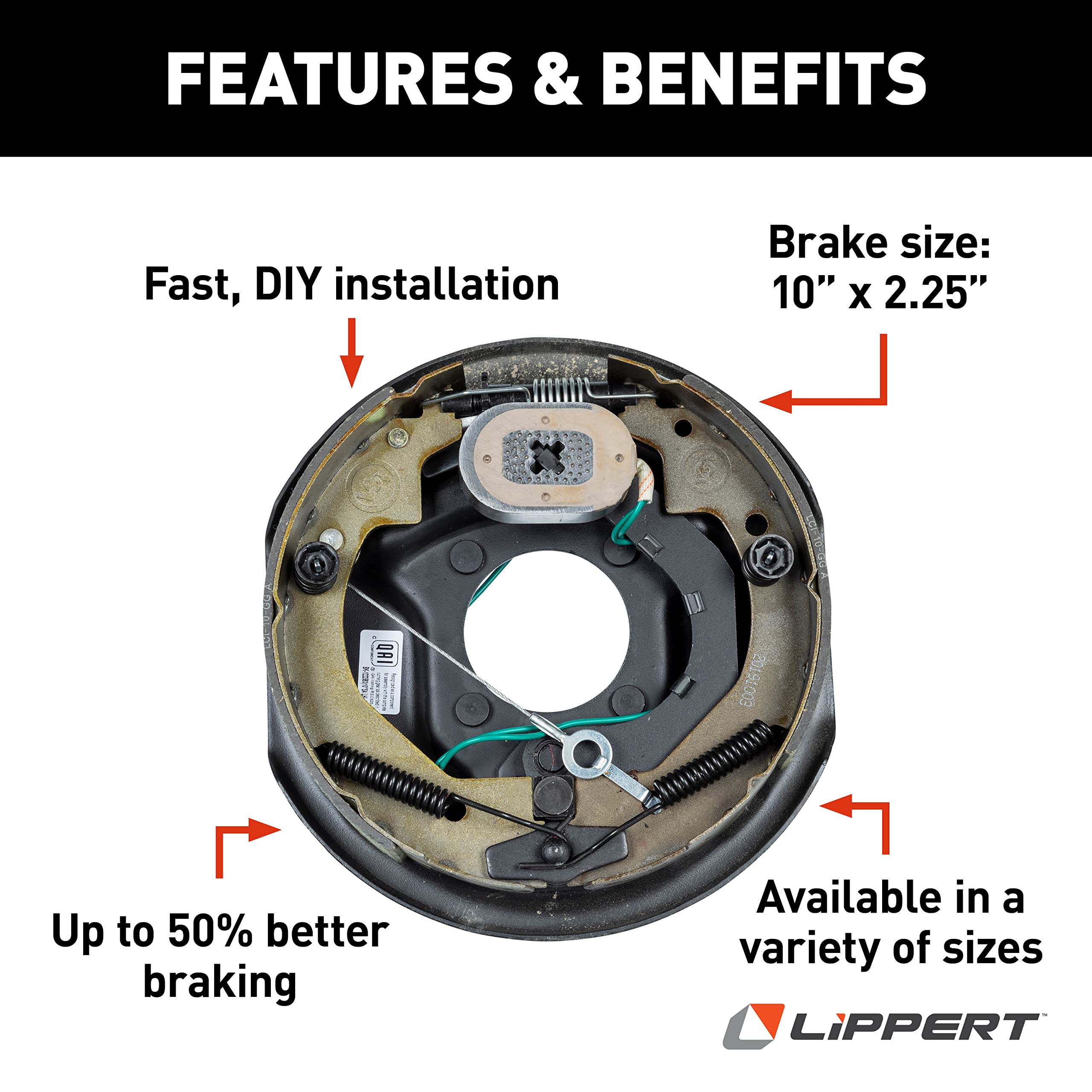 Lippert Replacement Forward Self-Adjusting Brake Assembly for RVs, Left Side, 10" x 2.5", 3,500 lbs. Capacity, for 13", 14", 14.5", 15" Wheels - 296649